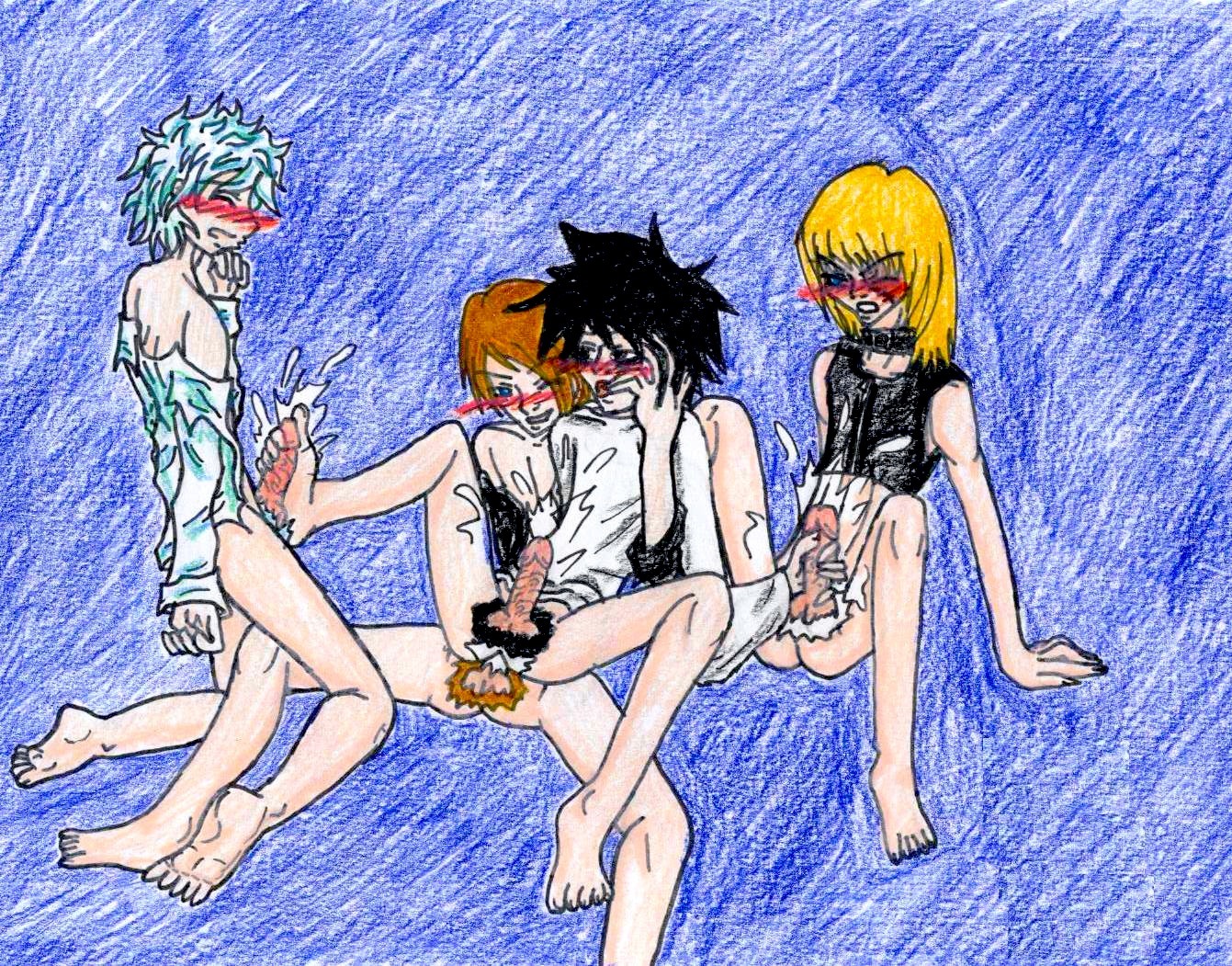 4boys anal death_note l_lawliet light_yagami male male_only male_penetrated mello mihael_keehl nate_river near rule34 yaoi