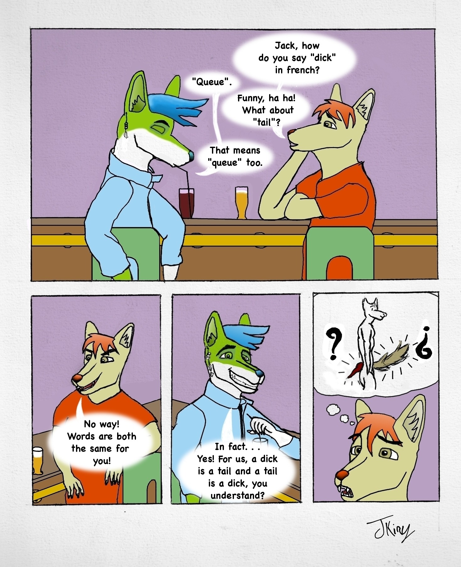 bar canid canine dialogue duo e621 english_text french genitals hair hi_res jackiry male mammal nude penis text what