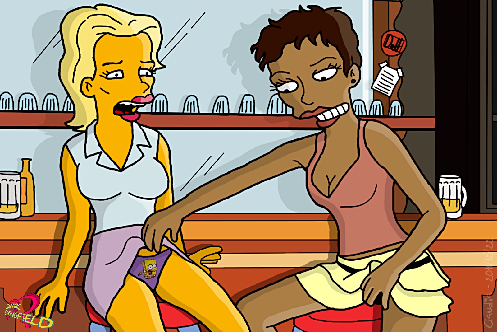 20th_century_studios accurate_art_style celebrity claudia-r clothes color dark-skinned_female dark_skin female female_only halle_berry human indoors interracial kim_basinger moe's_tavern multiple_females multiple_girls rule34 sitting tagme the_simpsons yellow_body yellow_skin yuri