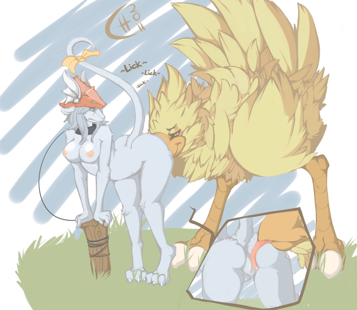 2011 ambiguous_gender ambiguous_on_anthro anthro anthro_on_feral avian beak bestiality bird bodily_fluids breasts burmecian chocobo classified-crud close-up clothing collar cunnilingus duo e621 english_text female female/ambiguous female_on_feral feral final_fantasy final_fantasy_ix freya_crescent genital_fluids genitals grass hat headgear headwear interspecies mammal nipples oral outside plant pole ribbons rodent saliva sex sky square_enix tail text tongue tongue_out vaginal vaginal_fluids vulva