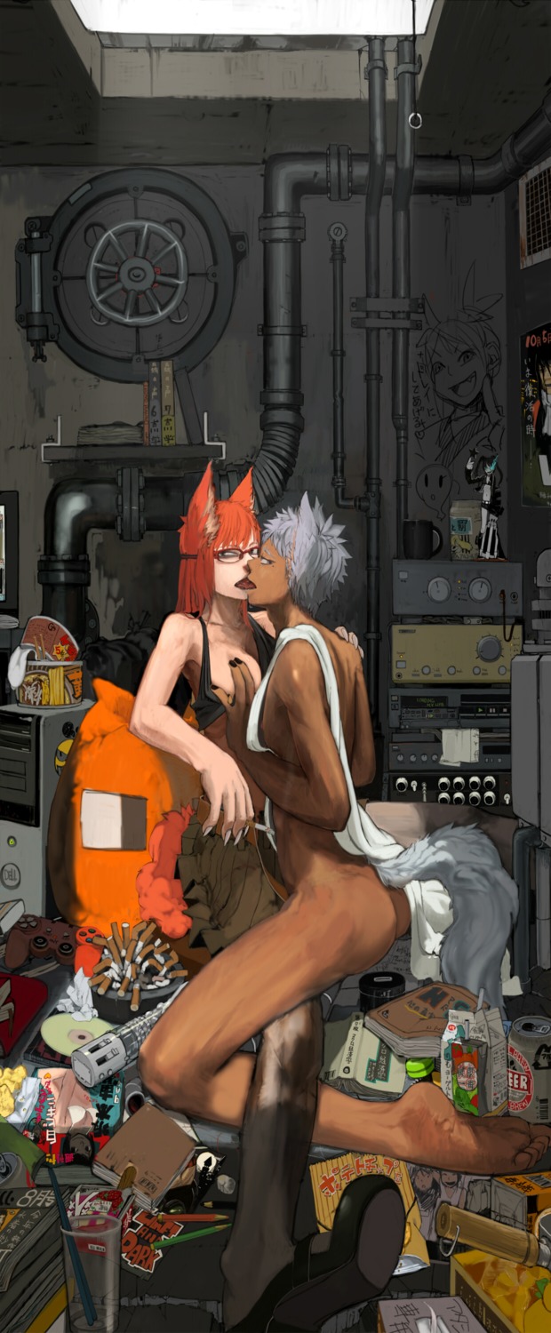 absurd_res amazing_background animal_humanoid cat_humanoid clutter detailed detailed_background domestic_cat duo e621 eyewear feet felid felid_humanoid feline feline_humanoid felis female female/female foreshortening glasses hi_res humanoid humanoid_feet kissing mammal mammal_humanoid nude pencil_(object) plantigrade science_fiction sirosir tail toony