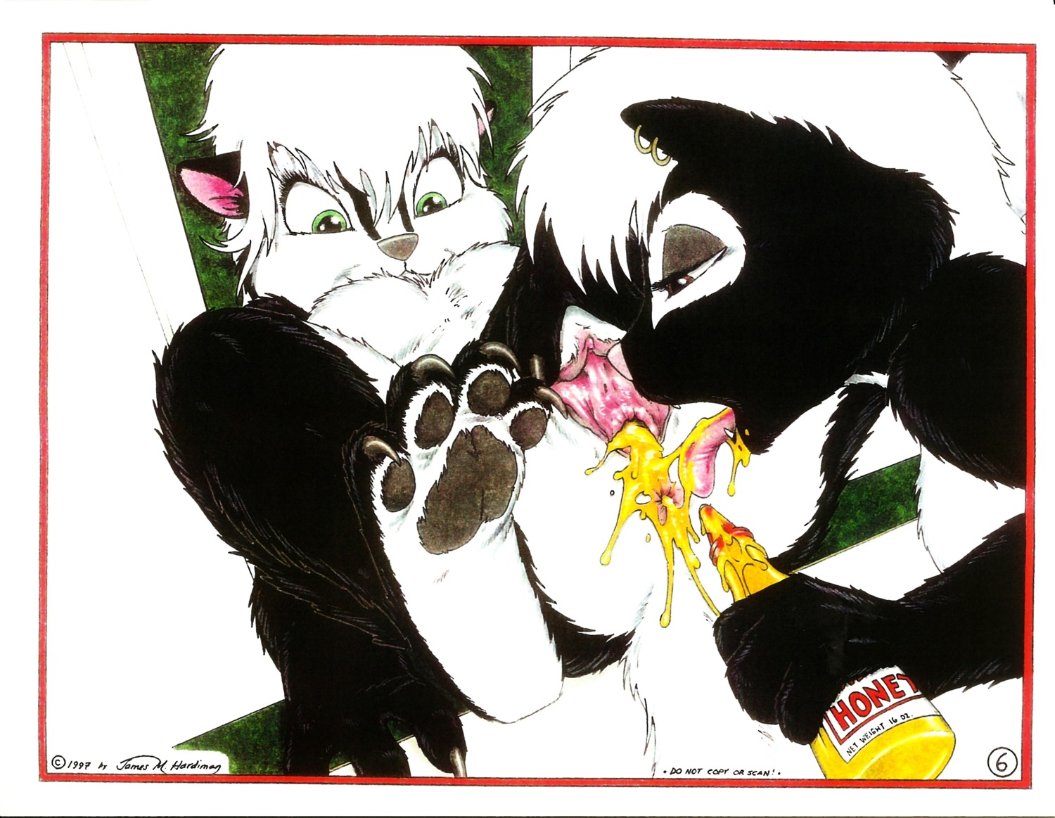 1997 4_toes absurd_res anal anthro anus black_pawpads claws copyright_symbol cunnilingus curling_toes duo e621 ear_piercing english_text feet female female/female food genitals hi_res hindpaw honey_(food) incest_(lore) james_m_hardiman licking lori_(jmh) mammal mephitid messy nude onyx_(jmh) oral pawpads paws piercing rimming sex sibling_(lore) sister_(lore) sisters_(lore) skunk soles symbol tail tail_anus text toes tongue tongue_out vaginal vulva