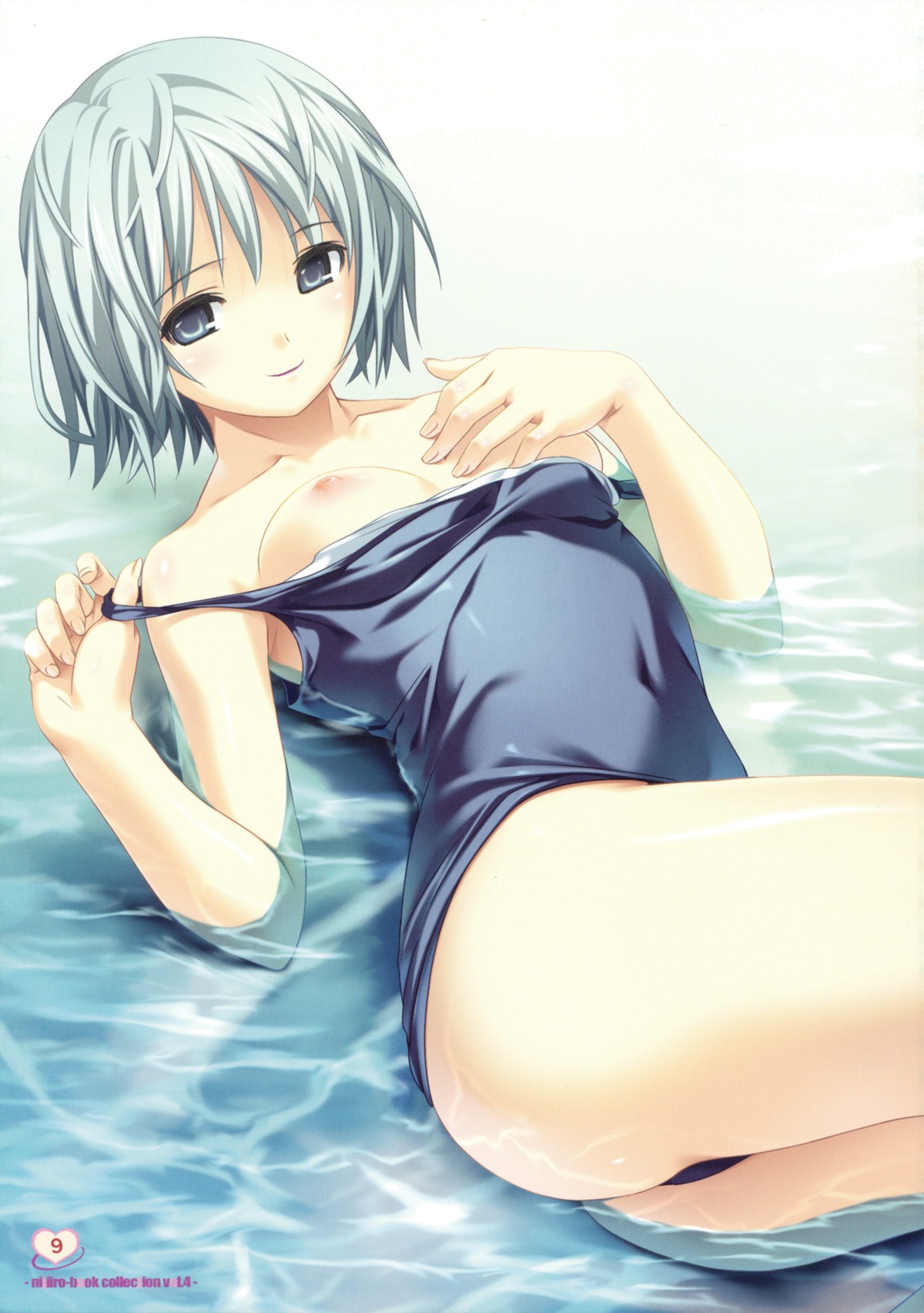 bare_shoulders beach blue_eyes breasts female highres koutaro lying nipples one-piece_swimsuit original rule34 school_swimsuit short_hair silver_hair swimsuit swimsuit_pull undressing water