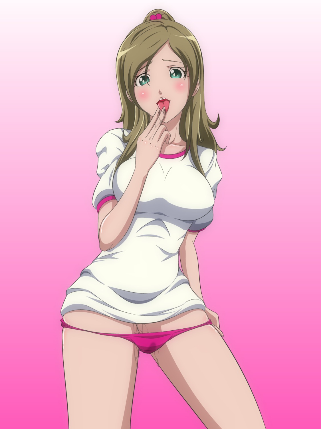 1girls blush breasts brown_hair clothing female gradient gradient_background green_eyes highres igatto large_breasts looking_at_viewer minamino_kanade panties panty_pull ponytail precure pretty_cure pussy pussy_juice rule34 simple_background solo suite_precure tied_hair tongue underwear wet_panties