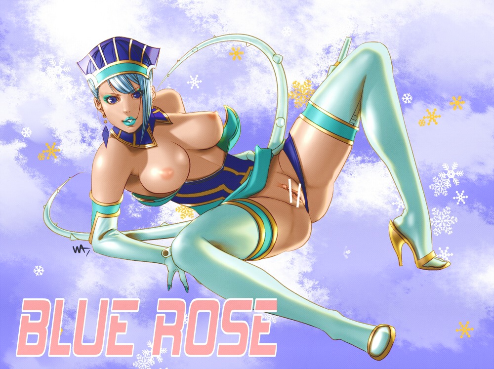 1girls blue_eyes blue_hair blue_lipstick blue_rose_(tiger_and_bunny) breasts censored earrings eyeshadow female female_human fingernails fingernails_over_gloves gloves high_heels human jewelry karina_lyle large_breasts lipstick nipples pussy rule34 thighhighs tiger_and_bunny vagina wakino_keibun