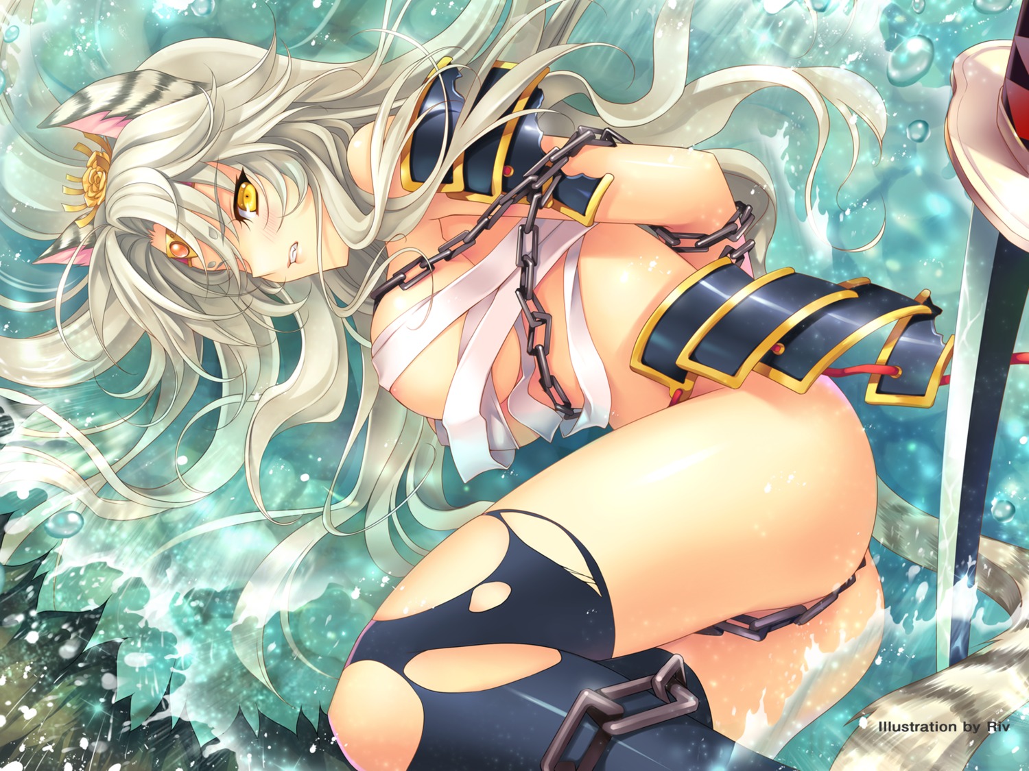 animal_ear female japanese_clothes katana long_hair riv rule34 sword weapon white_hair yellow_eyes