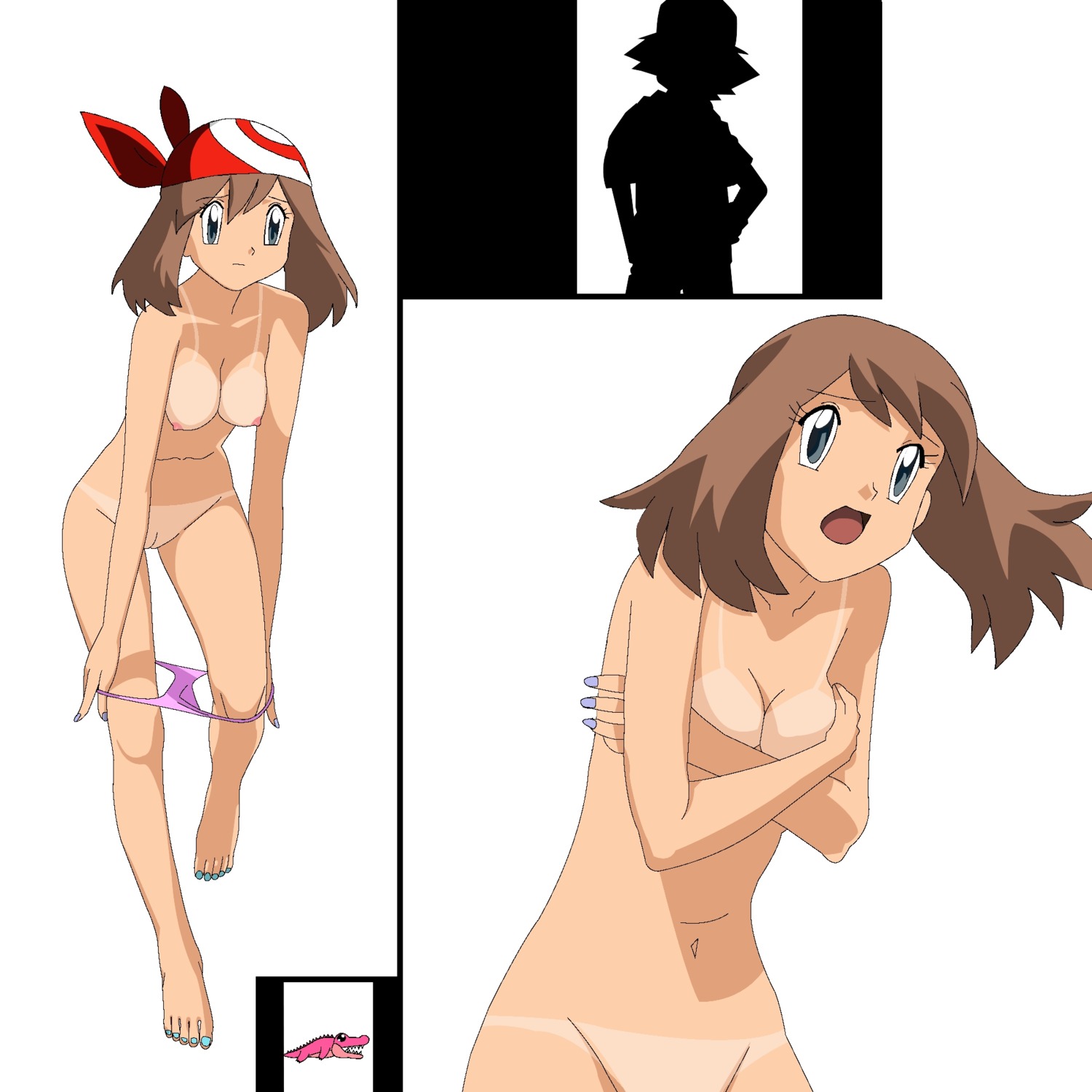 1girls bandana bandana_only brown_hair embarrassed embarrassed_nude_female female human human_only may_(pokemon) nintendo no_bandana pokemon pokemon_(anime) pokemon_rse red_bandana rule34 satoshi_(pokemon) short_hair silhouette tagme