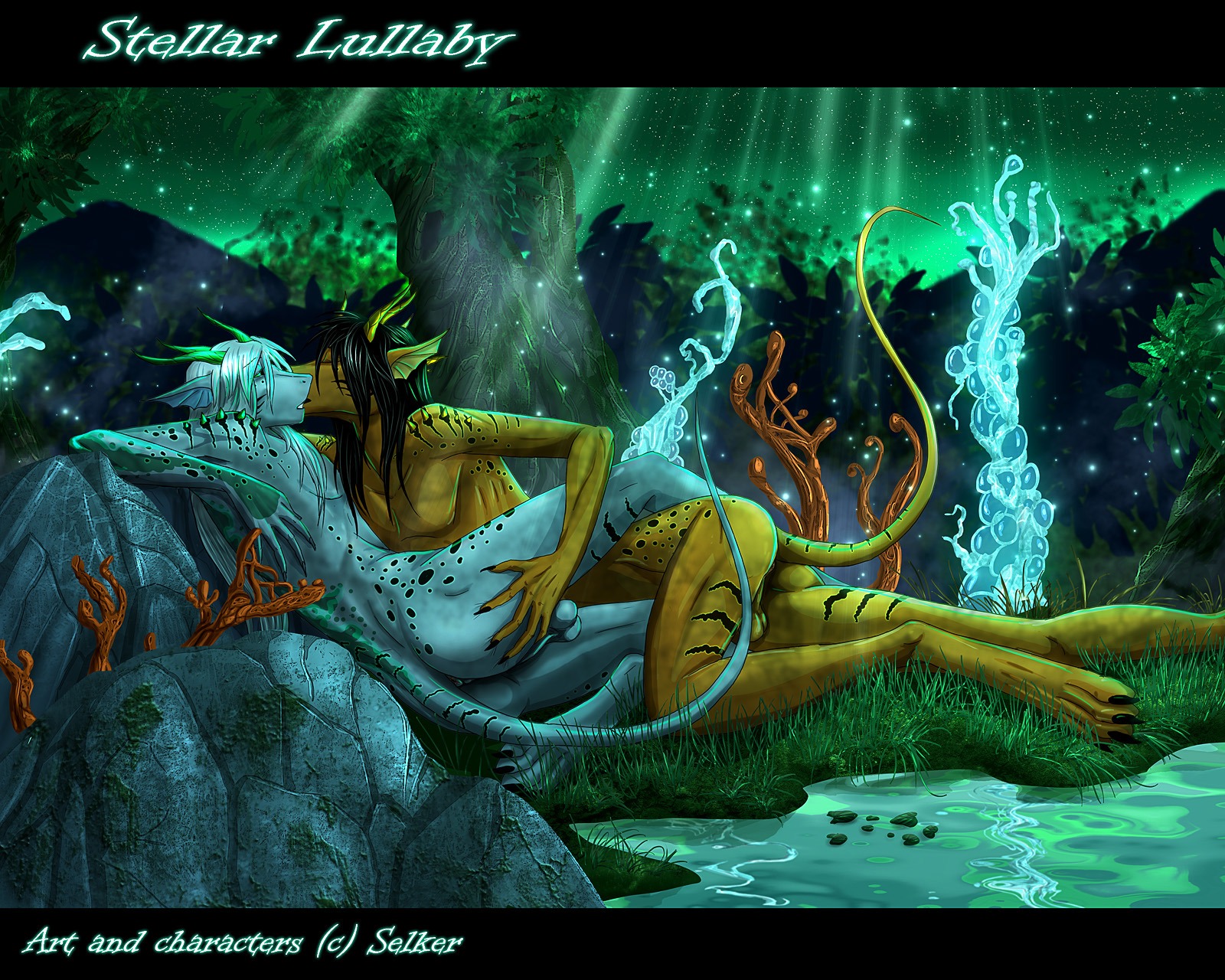 5:4 alien amphibian anthro backsack balls black_bars butt butt_grab detailed_background duo e621 femboy genitals hand_on_butt hi_res horn kissing kriin letterbox male male/male romantic romantic_ambiance romantic_couple science_fiction selker selker_ari star