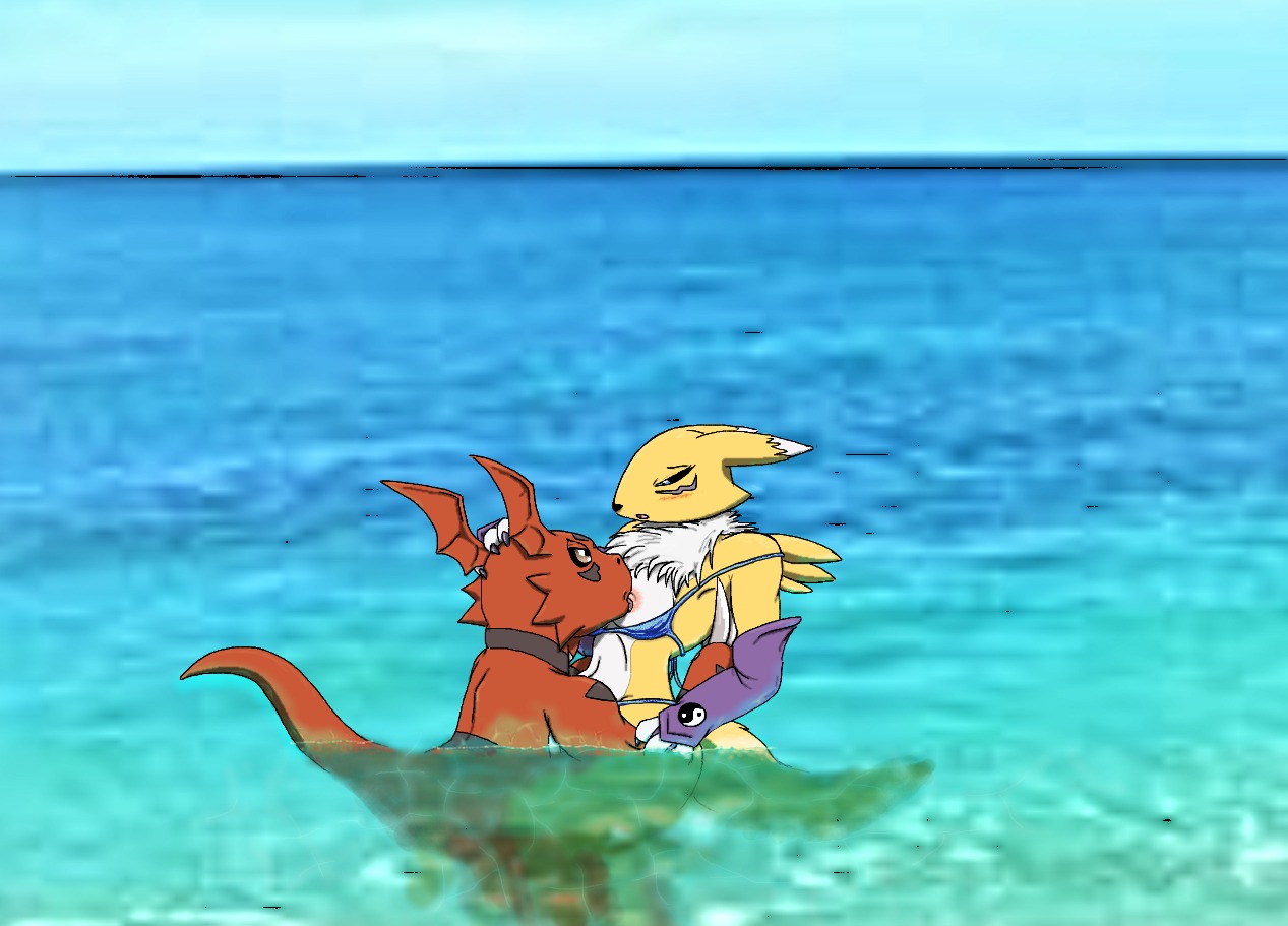 anthro breasts canine color day digimon digimon_(species) female fox fur furry furry_breasts furry_tail guilmon interspecies male monster_boy nude outdoors renamon reptile rule34 scalie straight tagme tail water