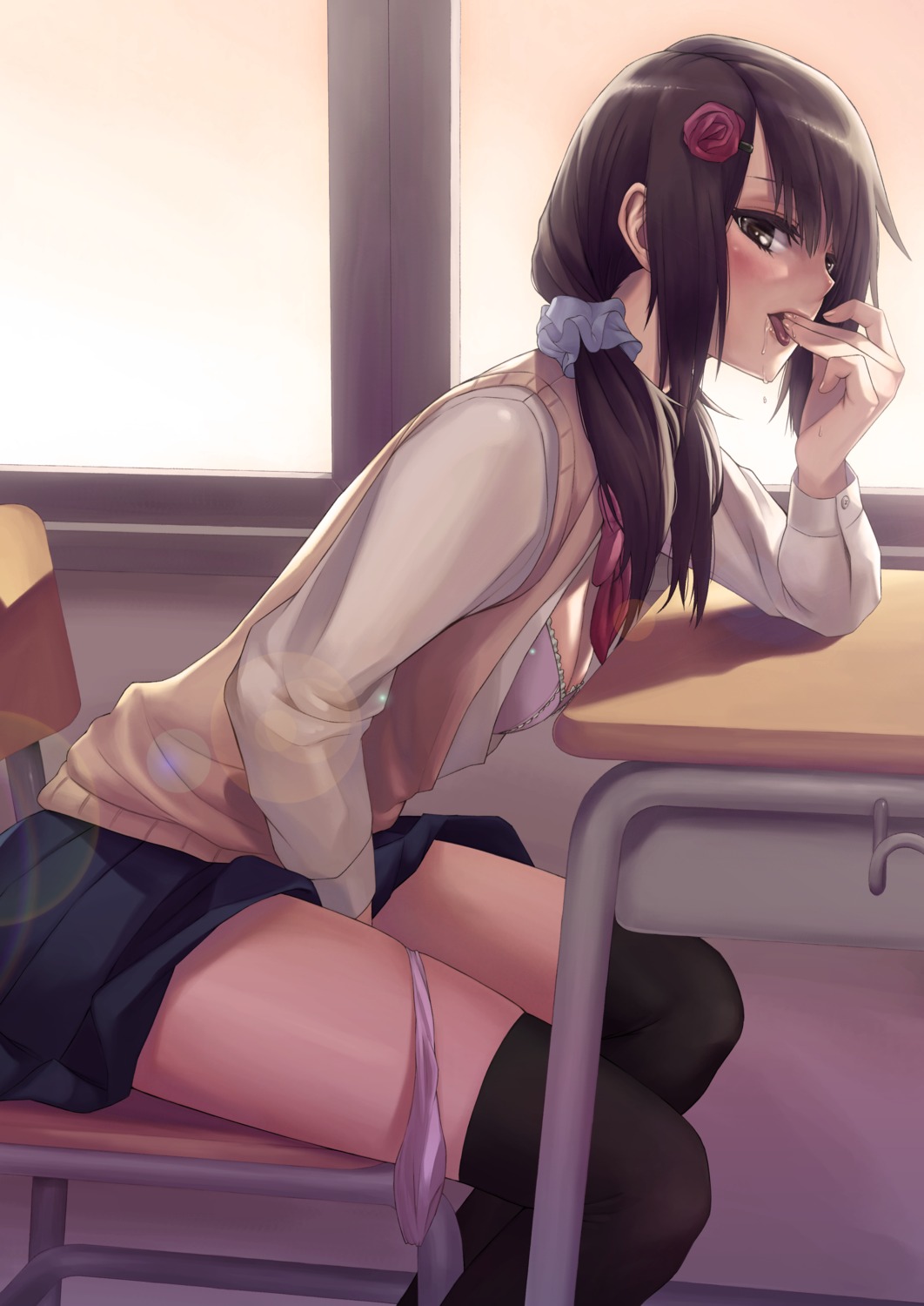 1girls bra female female_only masturbation panty_pull rule34 sawaragi seifuku solo thighhighs