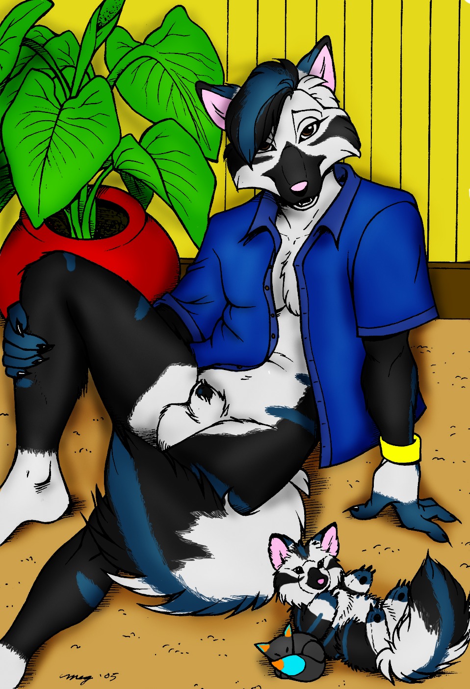 animal_genitalia anthro archived_source balls canid canine clothed clothing colored e621 fox genitals hi_res inside looking_at_viewer male mammal megan_giles partially_clothed penis penis_tip plant plushie pose rc_(artist) sheath shirt smile solo topwear