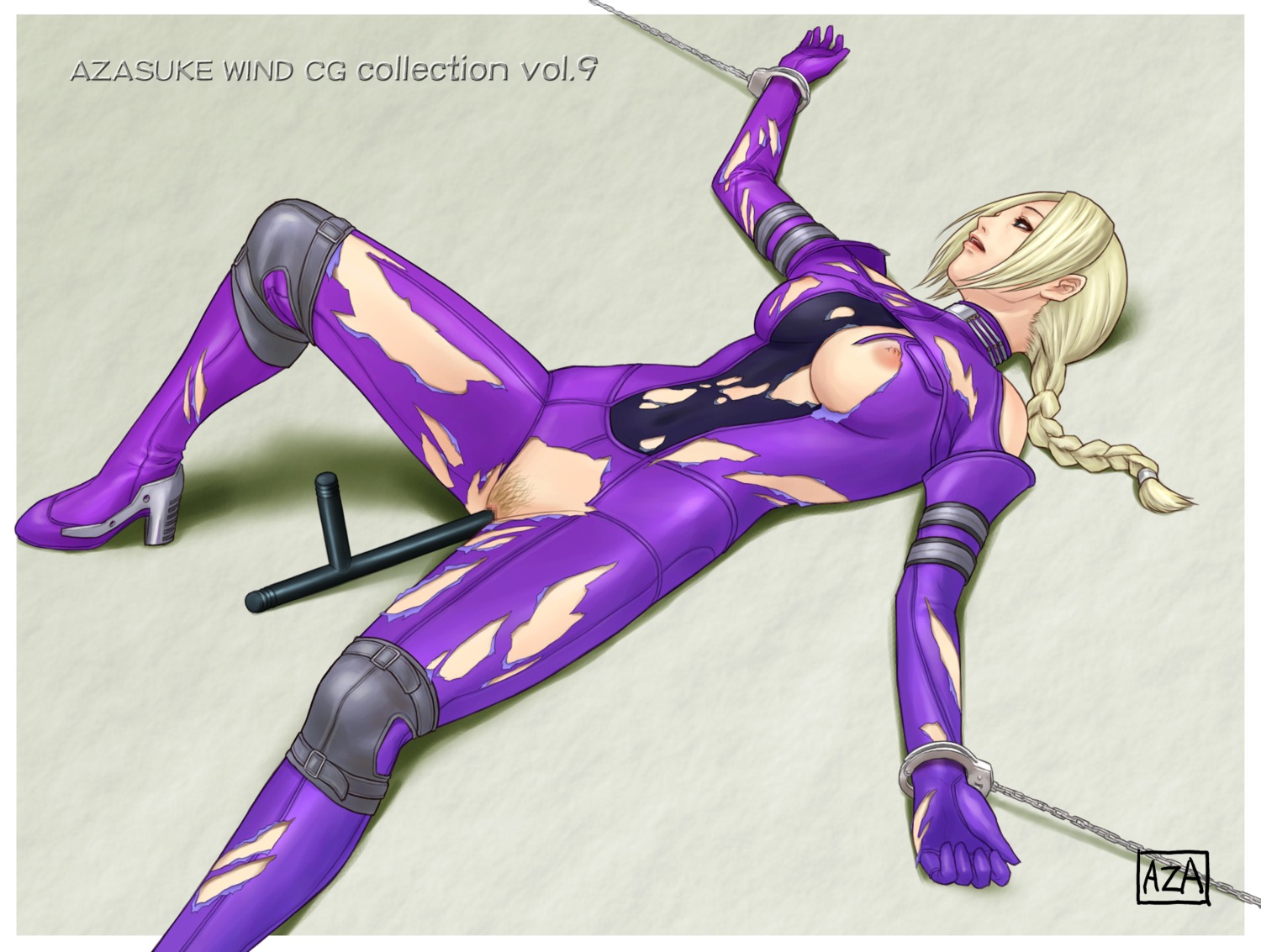 azasuke bare_shoulders blonde_hair blue_eyes bodysuit bondage bound_wrists braid breasts censored cuffs erect_nipples female handcuffs highres insertion leg_lift long_hair lying mosaic_censoring nina_williams nipple_slip nipples no_bra no_panties on_back penetration ponytail pubic_hair pussy rule34 skin_tight solo tekken tied_hair tonfa torn_clothes vaginal_penetration version_without_pubic_hair_available weapon