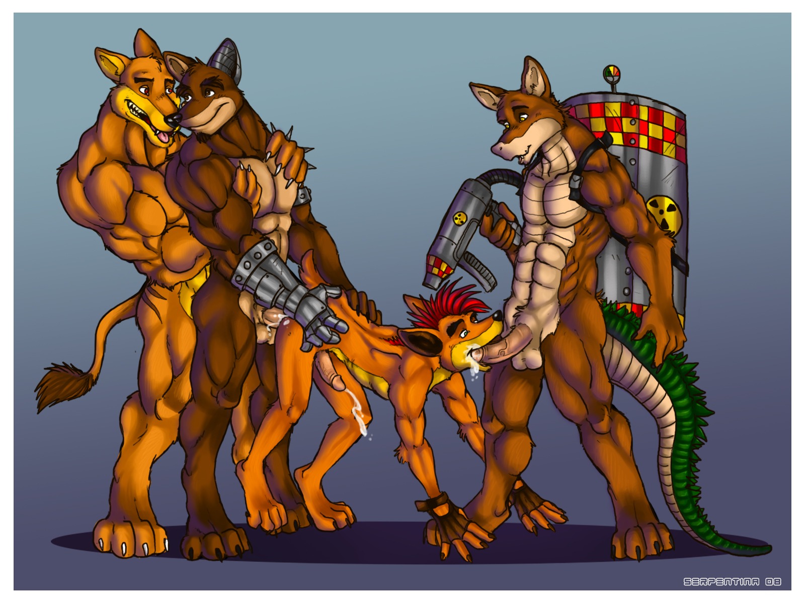 4:3 abs activision all_fours anal anal_orgasm anal_penetration anthro anthro_on_anthro anthro_penetrated anthro_penetrating anthro_penetrating_anthro arody back_muscles backless_gloves balls bandicoot barefoot biceps big_muscles big_penis bodily_fluids border brown_eyes canid canine canis claws clothing crash_bandicoot crash_bandicoot_(series) crocodile crocodilian crunch_bandicoot cum cum_in_ass cum_in_mouth cum_inside cum_while_penetrated cumshot dasyuromorph dingo dingodile doggystyle e621 ejaculation erection eye_contact feet fellatio foursome from_behind_position fur genital_fluids genitals gloves green_eyes group group_sex gun hands-free handwear hi_res hybrid interspecies looking_at_another looking_pleasured lucky_pierre male male/male male_penetrated male_penetrating male_penetrating_male mammal marsupial mixed_sandwich_position multiple_positions muscular muscular_male nude oral oral_penetration orgasm pec_grab pecs penetration penile penile_penetration penis penis_in_ass ranged_weapon recently_extinct_species red_eyes reptile scalie sex simultaneous_orgasms tail thylacine tiny_tiger vein weapon white_border yellow_eyes