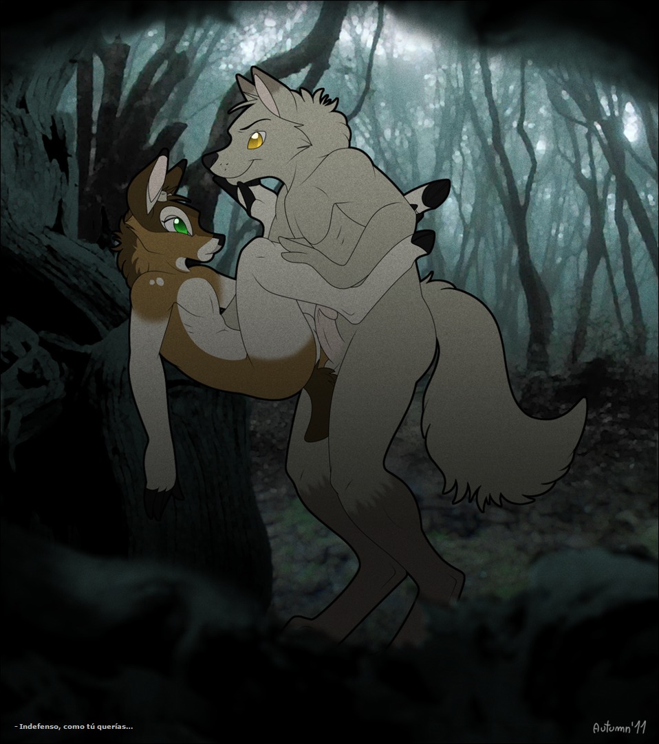 2011 anthro autumndeer canid canine canis deer detailed_background digital_media_(artwork) duo e621 erection femboy genitals hooves humanoid_genitalia humanoid_penis interspecies male male/male mammal outside penis predator/prey romantic romantic_couple sex side_view tail wolf