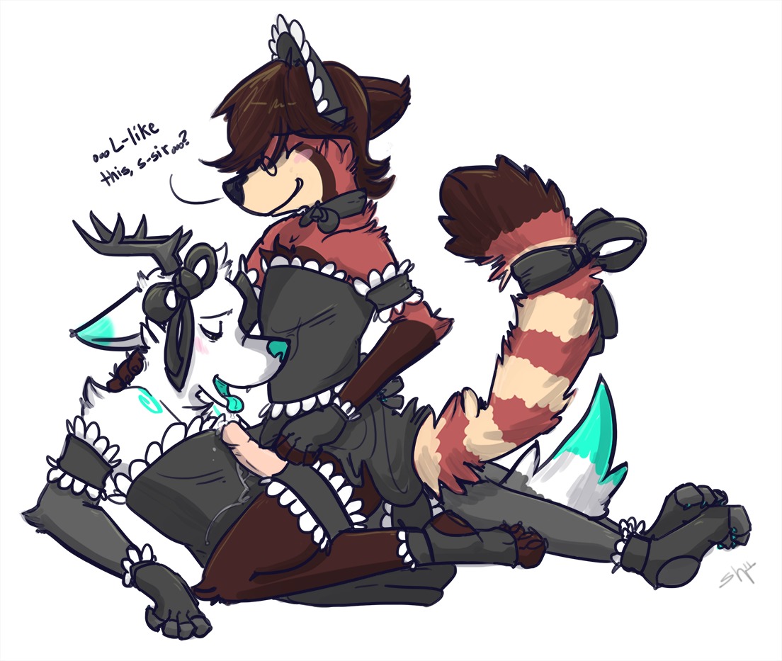 accessory ailurid alternate_species anthro antlers bodily_fluids canid canine clothed clothing crossdressing cum dipstick_tail duo e621 erection eyewear femboy fox frilly frilly_accessory frilly_hairband genital_fluids genitals glasses hair_accessory hairband horn humanoid_genitalia humanoid_penis maid_uniform male male/male mammal markings penis red_panda shugowah shugowah_(character) tail tail_markings uniform