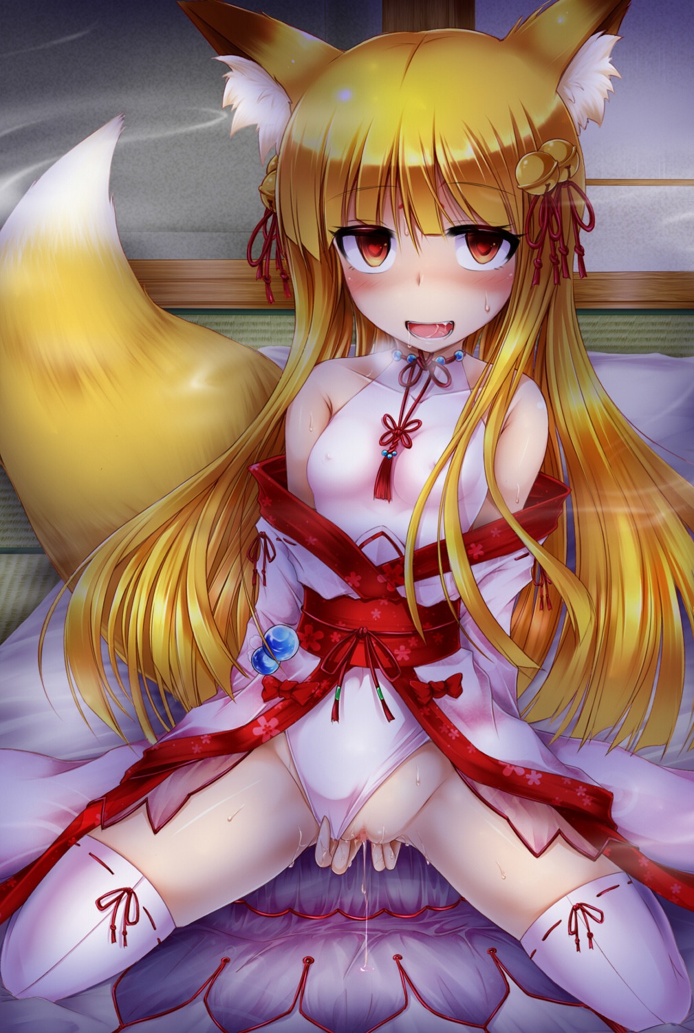 accessory amber_eyes animal_humanoid asian_clothing bare_shoulders bell blonde_hair bodily_fluids breath canid canid_humanoid canine canine_humanoid censored clothed clothing clothing_aside covered_navel dripping e621 east_asian_clothing fangs female fox fox_humanoid fox_tail fully_clothed genital_fluids genitals glistening glistening_body glistening_skin hair hair_accessory hair_bell hair_ribbon heart_eyes heart_symbol hi_res humanoid japanese_clothing kneeling legwear leotard long_hair looking_at_viewer mammal mammal_humanoid masturbation multi_tail naughty_face nipple_outline open_mouth orange_eyes panting ribbons saliva shimo_(depthbomb) solo spread_legs spreading sweat tail teeth thigh_highs vaginal vaginal_fluids vaginal_masturbation vulva white_clothing white_legwear