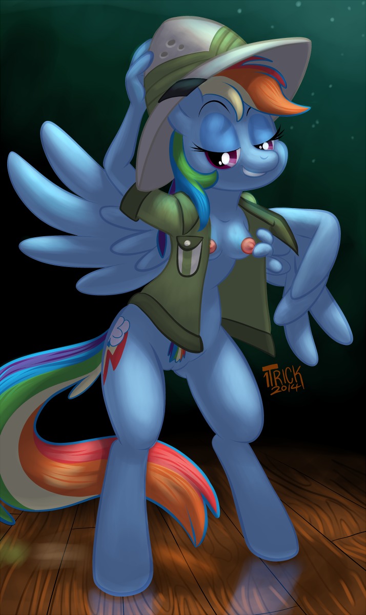 1trick 2014 anthro anthrofied areola armor biped blue_body blue_feathers blue_fur bottomless breasts clothed clothing cutie_mark e621 equid equine feathered_wings feathers female friendship_is_magic fur genitals hair half-closed_eyes hasbro headgear helmet hi_res looking_at_viewer mammal multicolored_hair my_little_pony mythological_creature mythological_equine mythology narrowed_eyes nipples open_clothing open_shirt open_topwear pegasus pith_helmet pubes purple_eyes rainbow_dash_(mlp) rainbow_hair shaded shirt smile solo standing topwear vulva wings