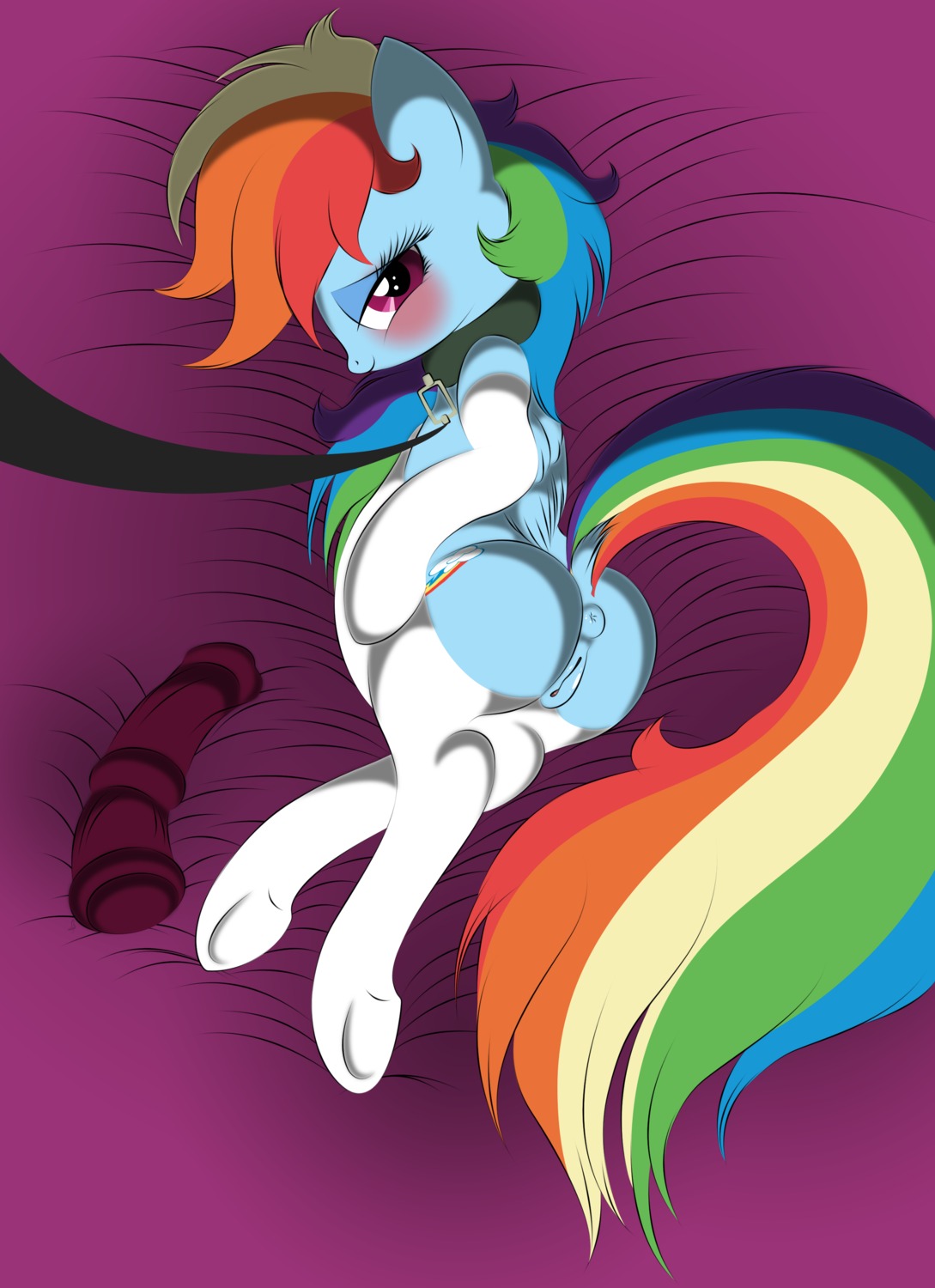 2012 absurd_res anus bedroom_eyes blue_body blue_feathers blue_fur blush clothing collar cutie_mark dildo e621 equid equine feathered_wings feathers female feral friendship_is_magic fur genitals hair half-closed_eyes hasbro hi_res leash legwear looking_at_viewer lying mammal multicolored_hair multicolored_tail my_little_pony mythological_creature mythological_equine mythology narrowed_eyes on_side pegasus purple_eyes rainbow_dash_(mlp) rainbow_hair rainbow_tail seductive sex_toy solo stockings submissive tail v-d-k vulva wings