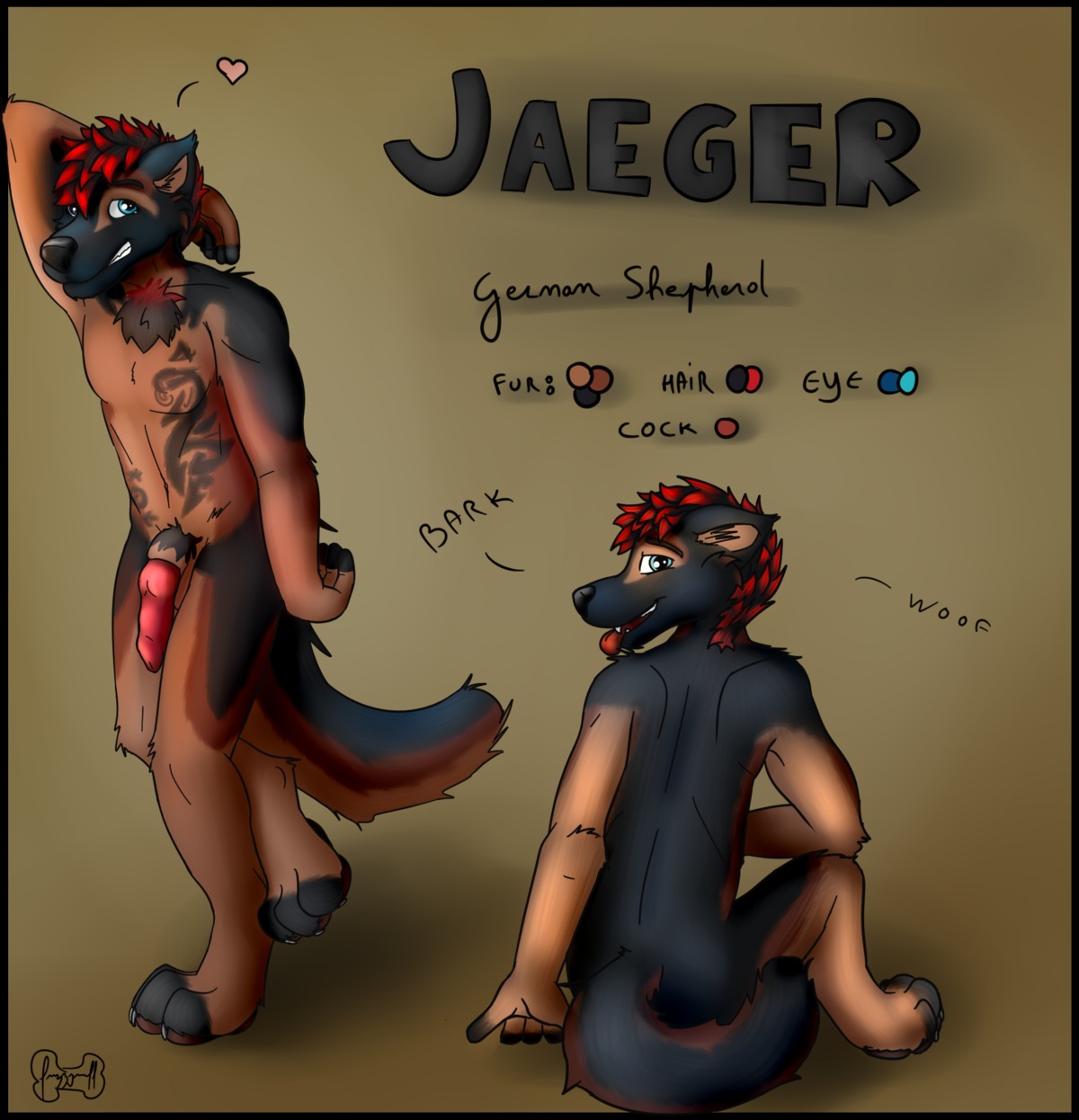 animal_noises anthro barking canid canine canis chest_tuft claws domestic_dog e621 english_text erection feet fur fuzzywuff genitals german_shepherd heart_reaction heart_symbol herding_dog hi_res hindpaw jaeger knot male mammal model_sheet nude onomatopoeia pastoral_dog pawpads paws penis pose simple_background smile solo sound_effects tattoo text tongue tribal tuft woof_(sound_effect)