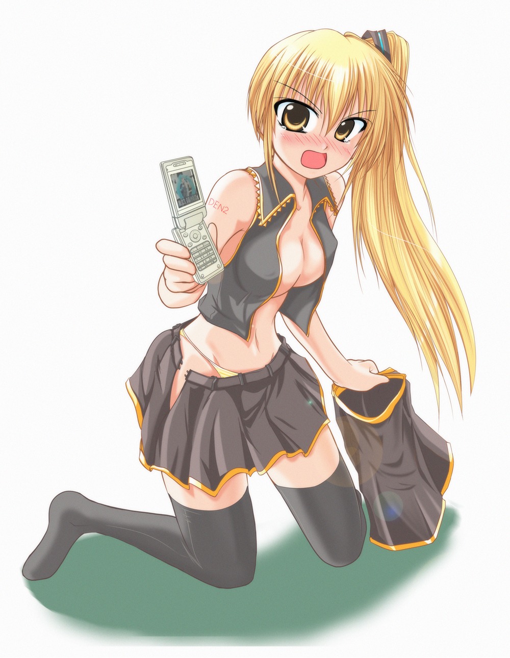 1girl akita_neru angry blonde_hair blush breasts cellphone cleavage fanloid female hatsune_miku highres kirihane kneeling long_hair looking_at_viewer medium_breasts navel open_clothes open_shirt open_skirt panties phone ponytail rule34 shirt side_ponytail skirt solo tear thighhighs tied_hair underwear undressing vocaloid yellow_eyes zettai_ryouiki