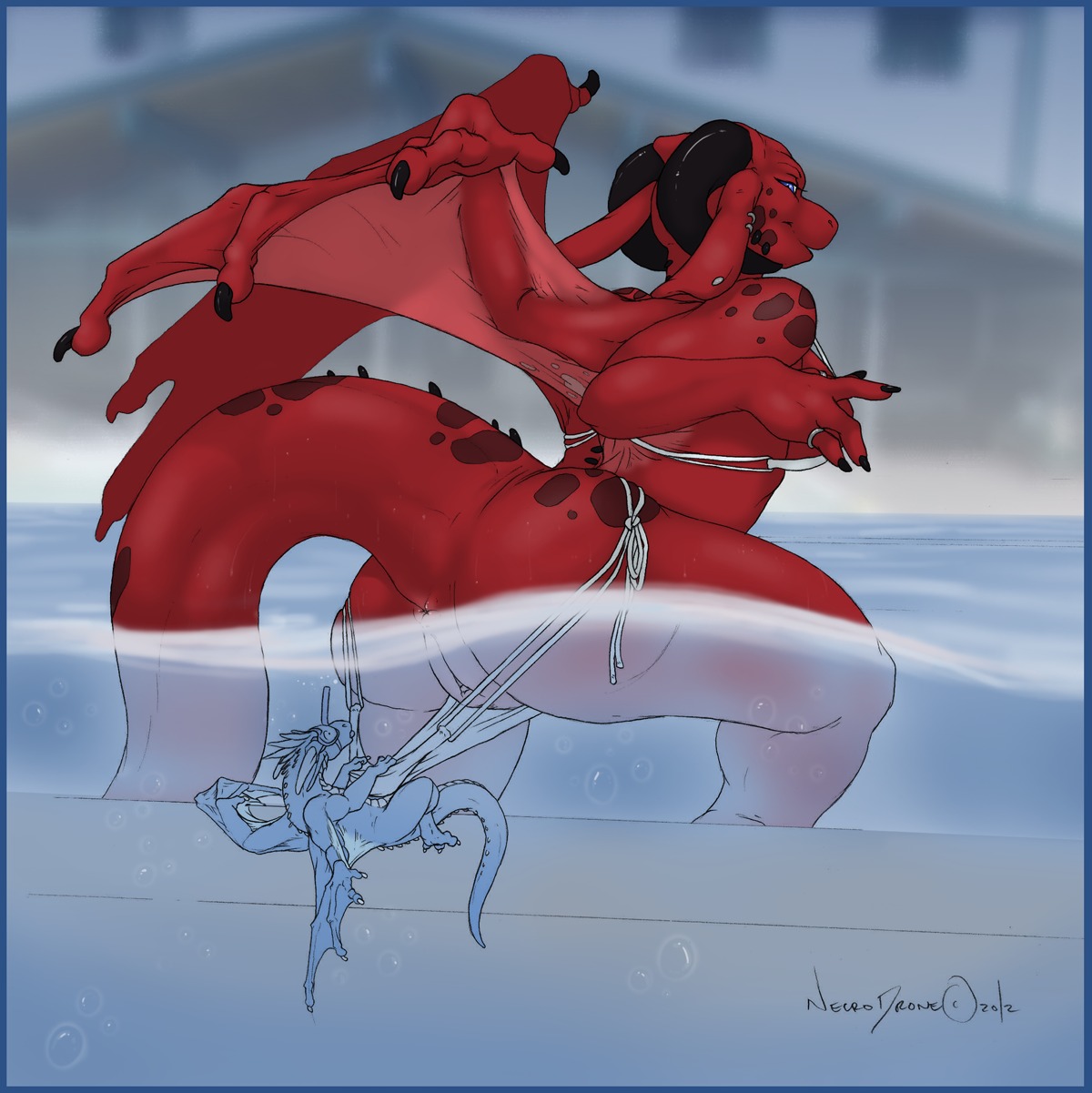 2012 anthro anus bikini blue_border border breasts butt clothed clothing clothing_aside clothing_pull curved_horn dragon duo e621 ear_piercing ear_ring european_mythology eyewear female feral genitals goggles hi_res hida horn larger_female male male/female membrane_(anatomy) membranous_wings mythological_creature mythological_scalie mythology necrodrone necrodrone_(character) non-mammal_breasts nude panties panties_aside panty_pull partially_submerged piercing red_body ring_piercing scalie signature size_difference skimpy smaller_male snorkel swimming_goggles swimwear tail tight_clothing two-piece_swimsuit underwater underwear underwear_aside underwear_pull vulva water waterline_view western_dragon wings