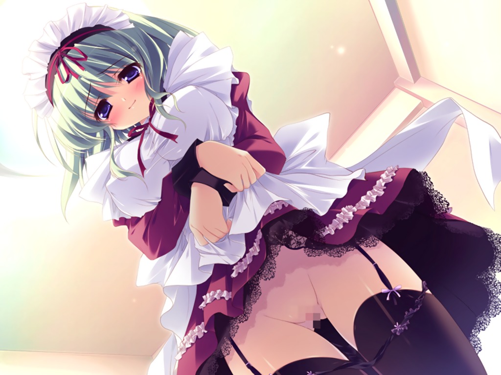 apron black_legwear black_thighhighs blue_eyes blush breasts censored clothing female green_hair izumi_tsubasu large_breasts maid maid_headdress mashiroiro_symphony panties purple_eyes pussy rule34 short_hair skirt skirt_lift smile thighhighs underwear