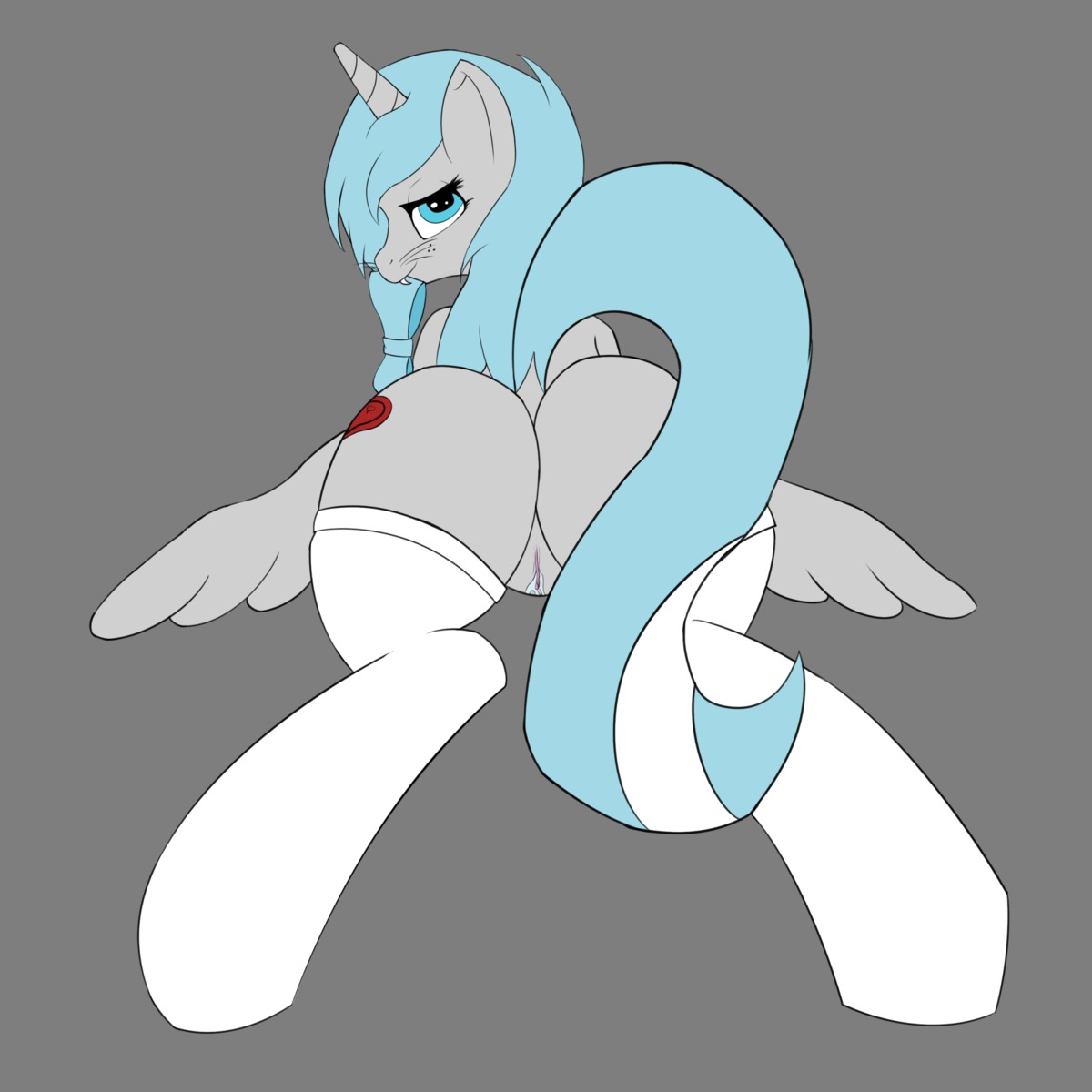 1:1 2014 absurd_res alpha_channel blue_eyes blue_hair bodily_fluids butt clothing cutie_mark e621 equid equine fan_character feathered_wings feathers female feral fur genital_fluids genitals grey_body grey_fur hair hasbro hi_res horn illusiveelusive legwear mammal my_little_pony mythological_creature mythological_equine mythology nude pink_vulva presenting simple_background solo stockings vaginal_fluids vulva winged_unicorn wings