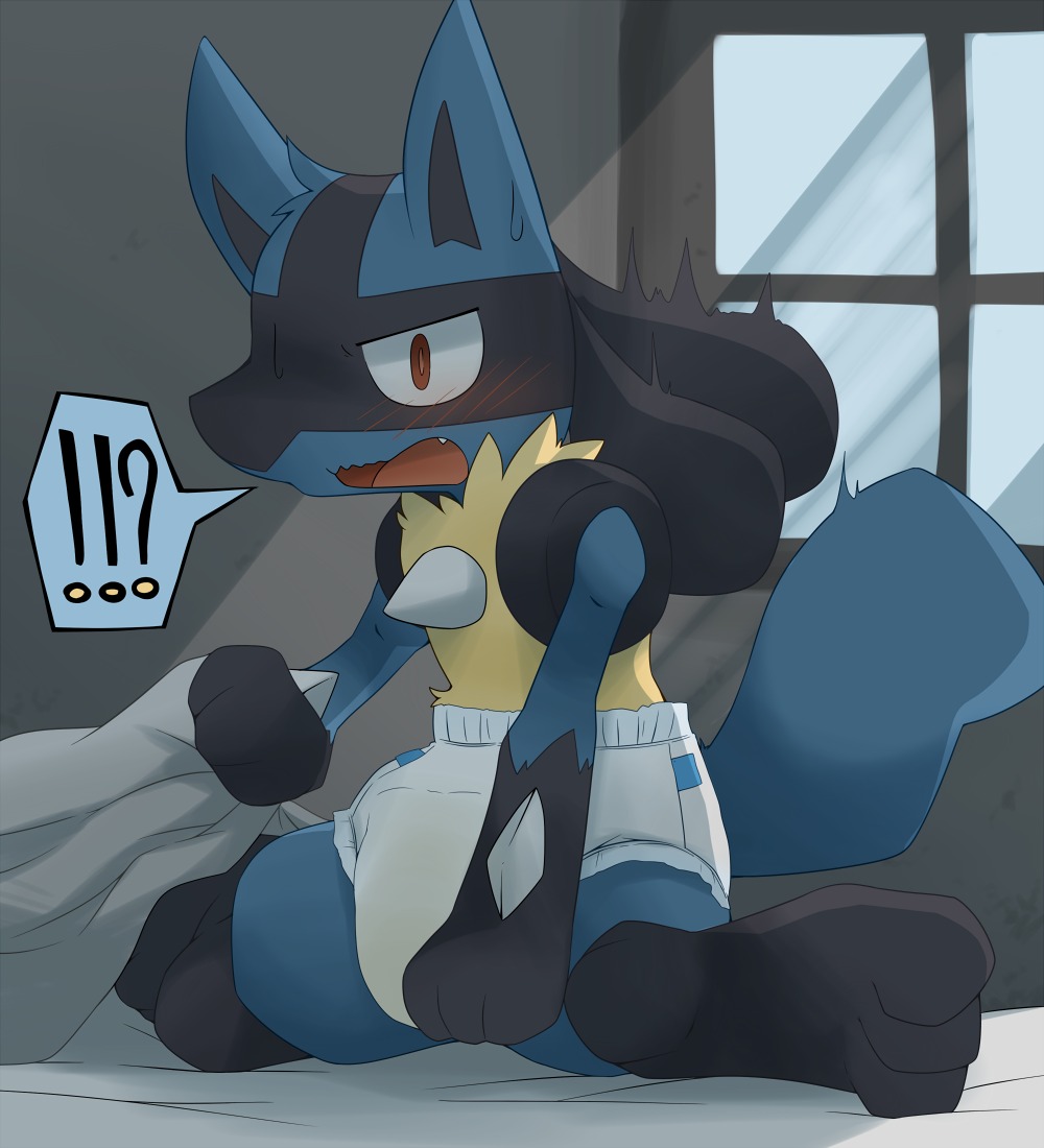 2012 ambiguous_gender anthro bed black_body black_fur blue_body blue_fur blush bodily_fluids canid canine clothed clothing diaper e621 exclamation_point fur furniture generation_4_pokemon genital_fluids interrobang lucario mammal nintendo peeing pokemon pokemon_(species) question_mark red_eyes satsuki_rabbit solo tail unclean_diaper urine used_diaper watersports wearing_diaper wet wet_diaper wetting white_diaper yellow_body yellow_fur