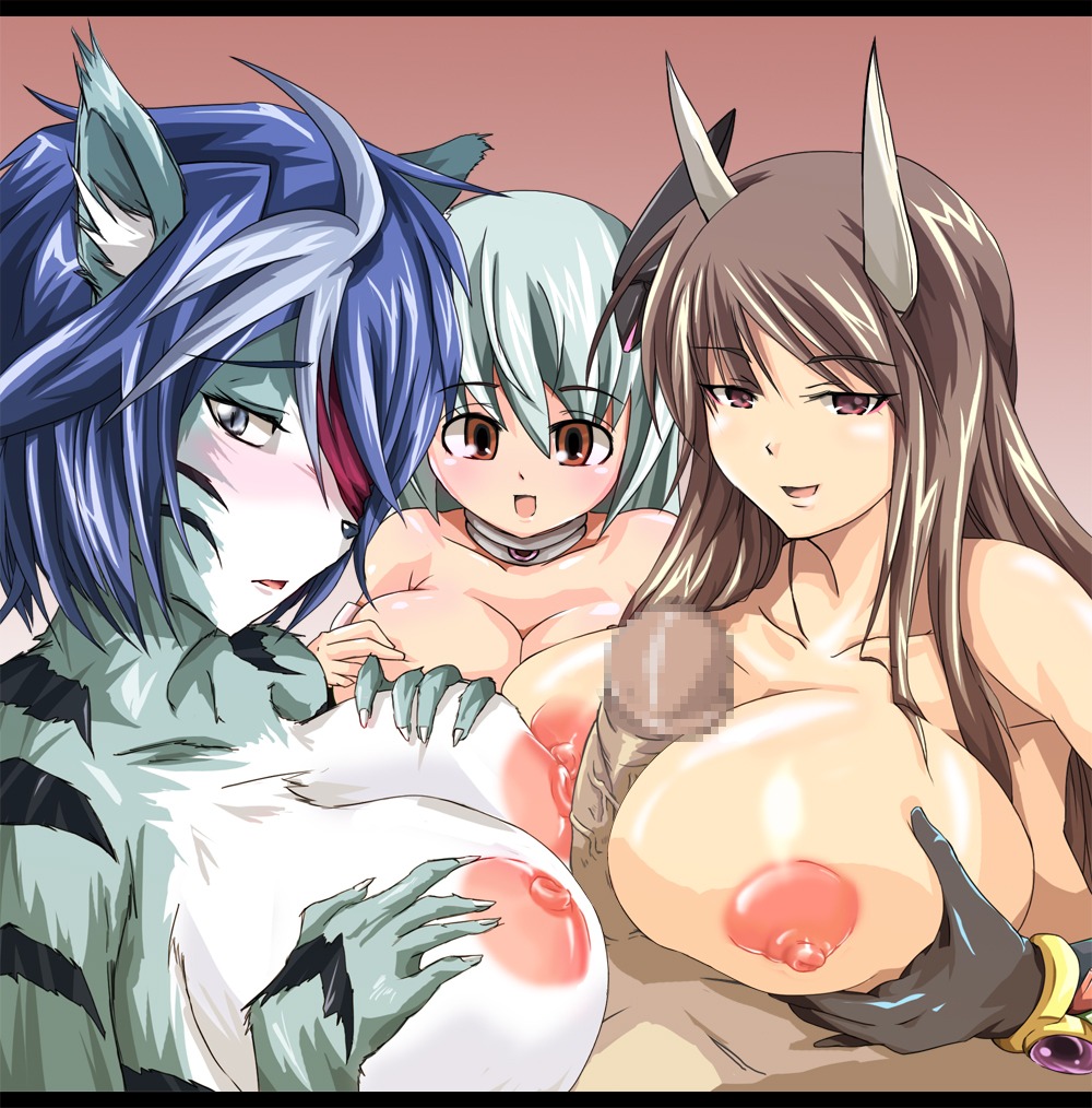 3girls artist_request blush breasts censored character_request female furry horns huge_breasts kemono kloah male multiple_females paizuri penis rule34 source_request straight