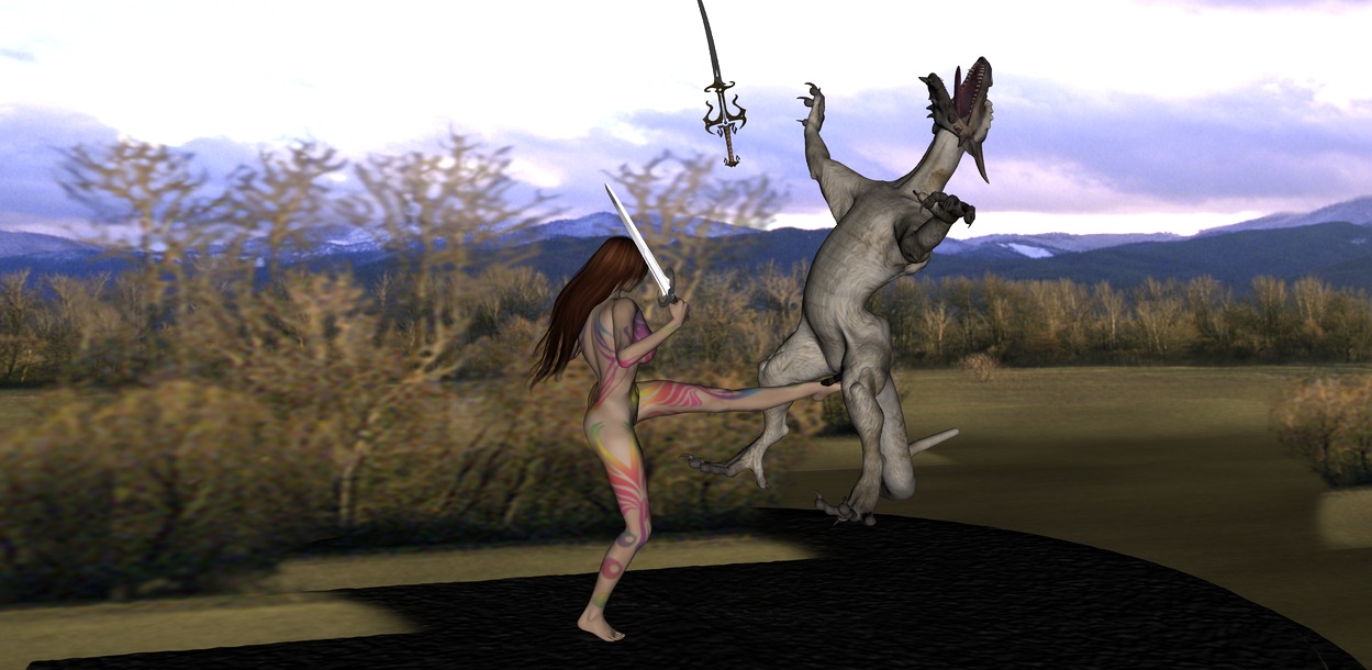 2012 attack balls cdsowden85 cock_and_ball_torture crotch_attack digitigrade duo e621 feral genital_torture genitals human lizard male mammal melee_weapon nude outside penis plant reptile scalie shrub sword tail tree weapon