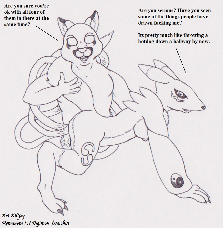anthro back_tentacles bandai_namco black_and_white black_sclera breasts canid canine clothing cougar demon digimon digimon_(species) double_penetration duo e621 english_text facial_markings felid feline female fur head_markings killjoy08 mammal markings medium_breasts monochrome multiple_penetration nipples penetration profanity renamon ropes_(character) simple_background tail tendrils tentacles text triple_penetration white_background