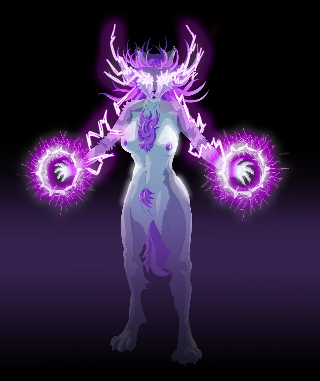 akam anthro biped breasts canid canine canis e621 electricity female fur genitals hair hi_res lightning long_hair magic mammal nipples pubes solo standing vulva wolf