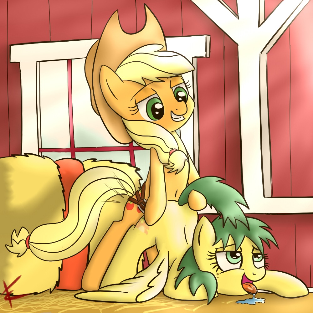 1:1 ahegao ambiguous_penetration applejack_(mlp) barn blonde_hair bodily_fluids canon_x_oc clothing cowboy_hat crade cutie_mark digital_media_(artwork) dildo duo e621 earth_pony equid equine fan_character feathered_wings feathers female female/female female_penetrated female_penetrating female_penetrating_female feral friendship_is_magic fucked_silly green_eyes green_hair green_tail hair hasbro hat hay headgear headwear horse looking_pleasured mammal my_little_pony mythological_creature mythological_equine mythology orange_body pegasus penetration pony saliva sex sex_toy strapon tail unavailable_at_source wings yellow_body yellow_tail