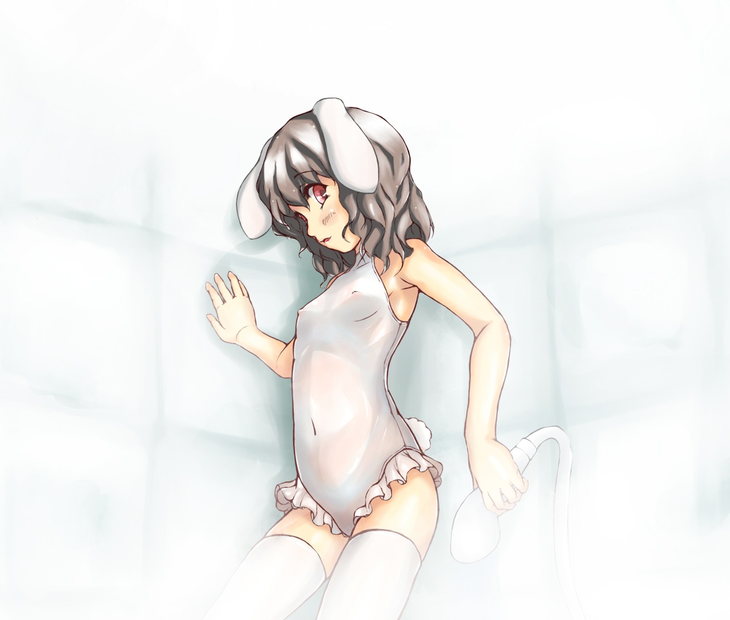 1girls animal_ear black_hair bunny_ear bunny_tail female flat_chest highres navel nipples one-piece_swimsuit rule34 see-through short_hair shower shower_head solo swimsuit tail tewi_inaba thighhighs touhou ukinon