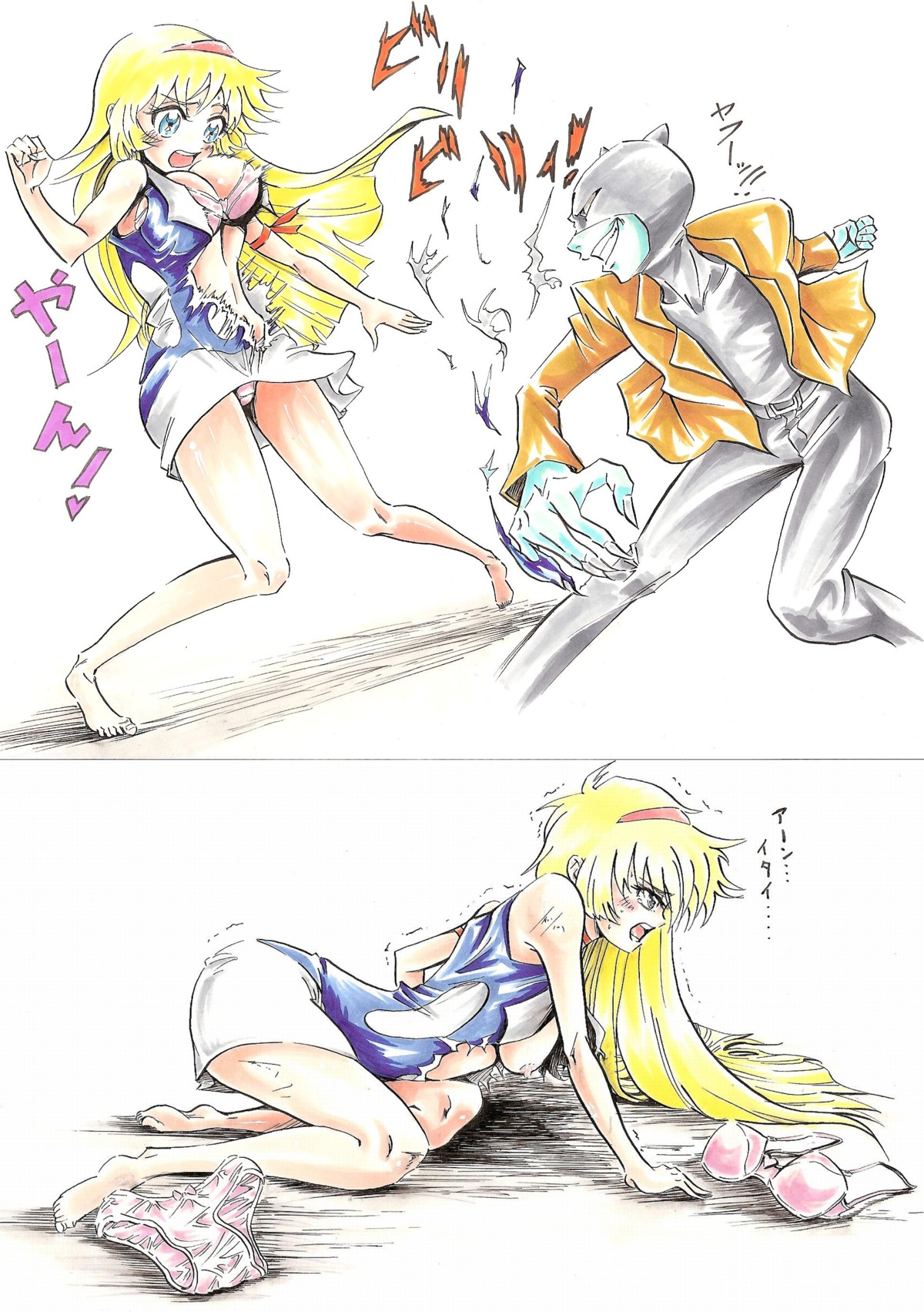 1girls artist_request blonde_hair blue_eyes bra breasts choker cutie_honey cutie_honey_flash dress female hairband heart honey_kisaragi human large_breasts light-skinned_female light_skin long_hair male nipples panties ripped_clothing rule34 torn_clothes