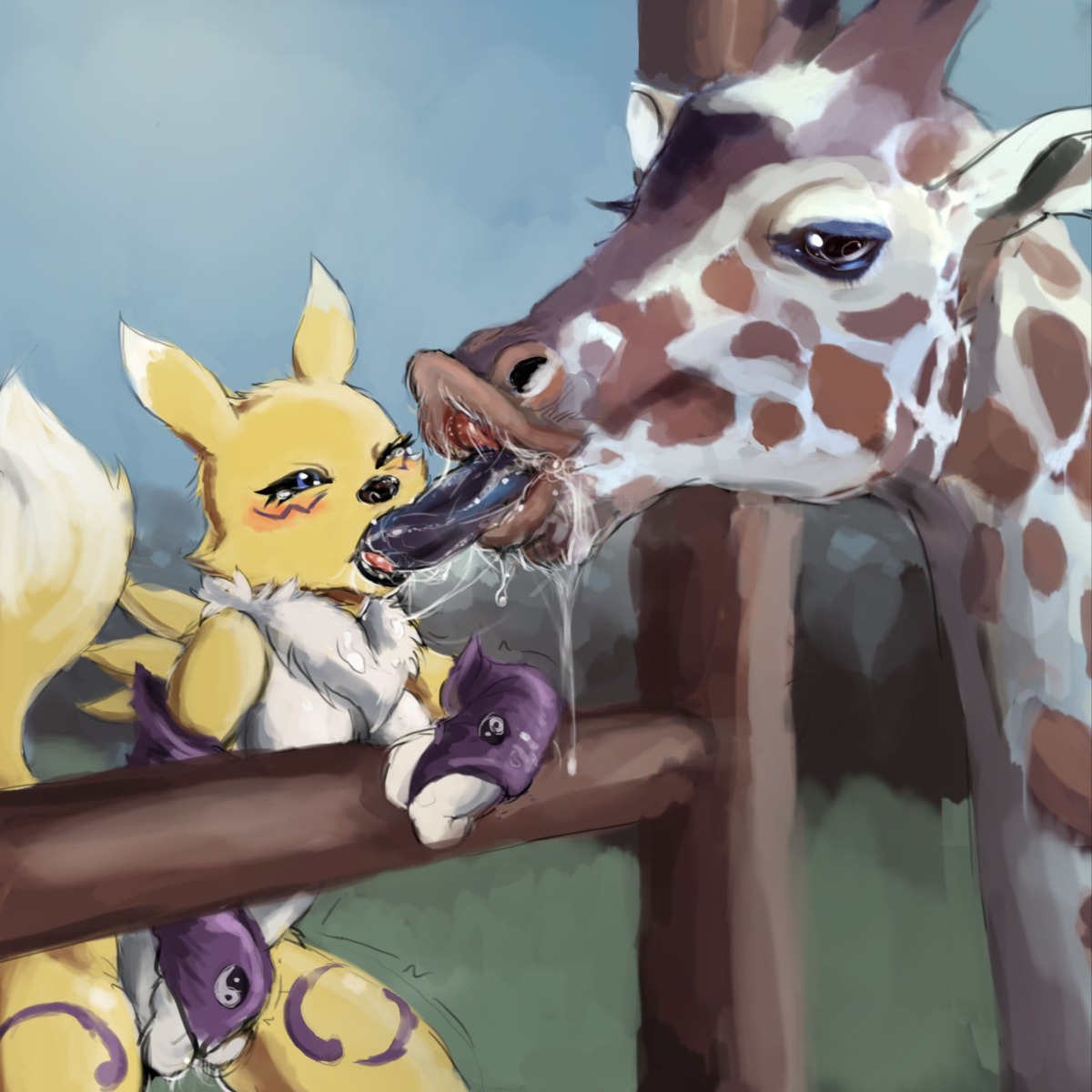 1:1 3_fingers against_fence against_surface ambiguous_gender anthro anthro_on_feral bandai_namco bestiality bestiality_kiss black_lips black_nose black_sclera blue_eyes blush bodily_fluids breasts canid canine clothing digimon digimon_(species) drooling duo e621 extreme_french_kiss eyelashes female fence feral fingering fingers fist french_kissing fur genital_fluids giraffe giraffid gloves grass handwear hi_res horn interspecies kissing lips long_tongue mammal masturbation narrowed_eyes nude one_eye_closed open_mouth ossicone outside penetration plant purple_body purple_fur raised_arm renamon saliva saliva_on_tongue saliva_string size_difference sky squint standing sucking_tongue tongue tongue_out tongue_penetration ungulatr vaginal vaginal_fluids vaginal_masturbation white_body white_fur wood yellow_body yellow_fur