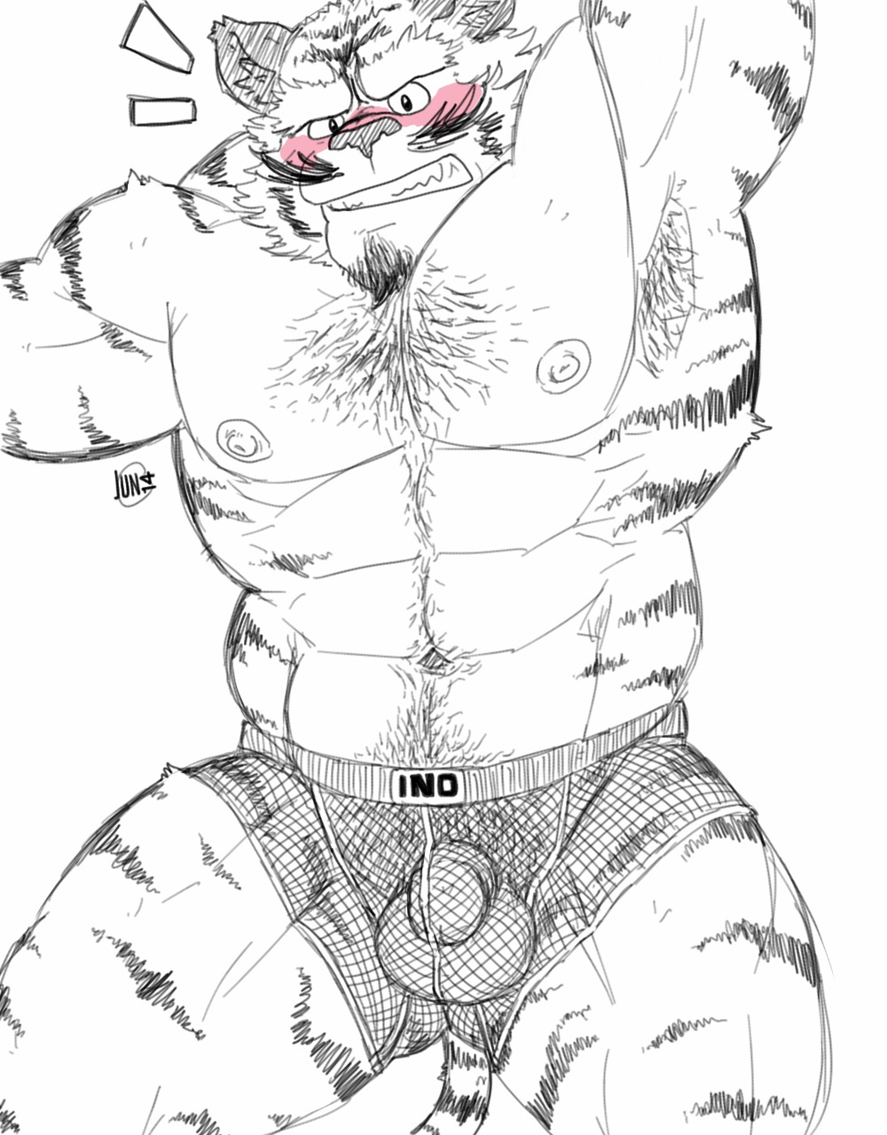 abs anthro armpit_hair balls beard big_muscles blush body_hair chest_tuft clothed clothing e621 facial_hair fb1907 felid fishnet_clothing flaccid fur genitals goatee hairy happy_trail hi_res male mammal muscular muscular_anthro muscular_male pantherine pecs penis pubes solo tiger topless tuft underwear