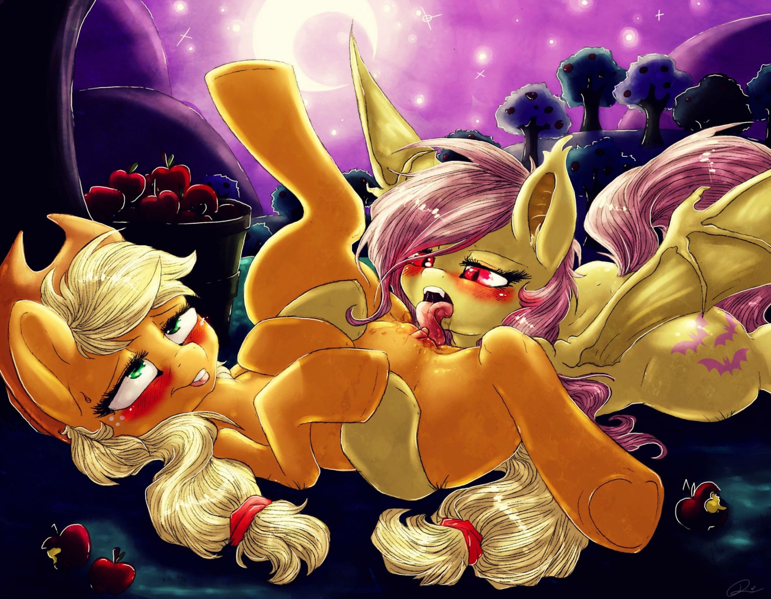 2014 apple apple_tree applejack_(mlp) bat_pony bat_wings blonde_hair blush bucket clitoral clitoris clothing container cowboy_hat cunnilingus cutie_mark dimwitdog duo e621 earth_pony equid equine female female/female feral flutterbat_(mlp) fluttershy_(mlp) food freckles friendship_is_magic fruit fruit_tree fur genitals green_eyes hair hasbro hat headgear headwear hi_res horse hybrid licking long_hair lying mammal membrane_(anatomy) membranous_wings moon my_little_pony on_back on_front oral orange_body orange_fur outside pink_hair plant pony red_eyes sex spread_legs spreading tongue tongue_out tree vaginal vulva wings yellow_body yellow_fur