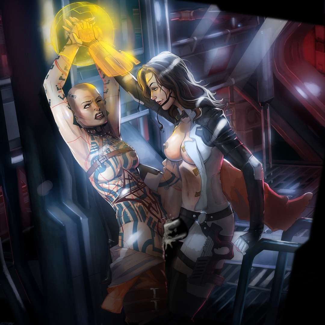 2girls bald_female big_breasts bioware black_hair black_lipstick bondage breasts exposed_breasts female female_only femdom femsub jack_(mass_effect) lesbian_rape long_hair looking_at_partner looking_pleasured mass_effect mass_effect_2 miranda_lawson multiple_females multiple_girls nipples one_eye_closed rape restrained rule34 strap-on strapon subject_zero tattoo thriller yuri yuri_rape
