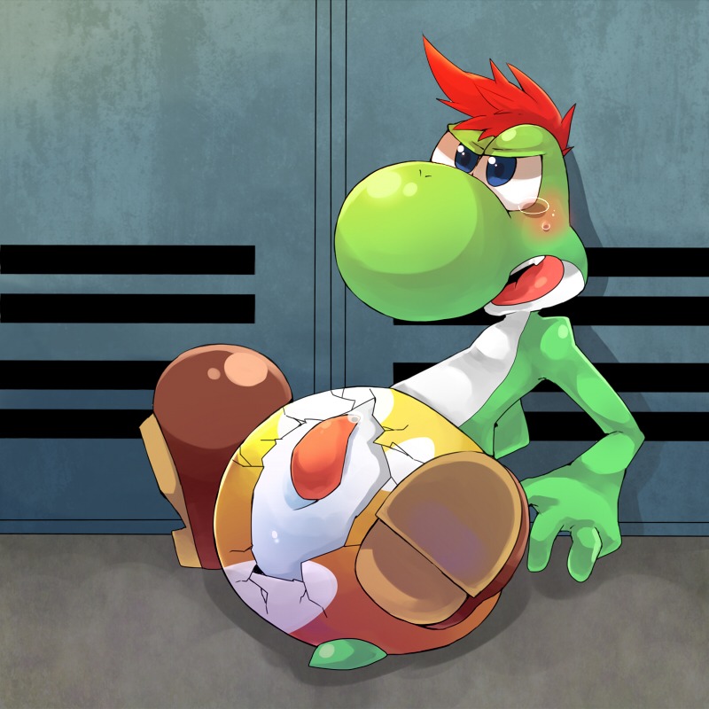 1:1 animal_genitalia anthro blush bodily_fluids brown_clothing brown_footwear brown_shoes cloaca cloacal_penis clothing dinosaur e621 egg erection footwear genital_fluids genitals green_yoshi hair male mario_bros momiwo nintendo open_mouth paper_mario paper_mario:_the_thousand_year_door penis precum prehistoric_species red_hair reptile scalie shoes solo tapering_penis tears teeth the_great_gonzales_jr yoshi yoshi_egg