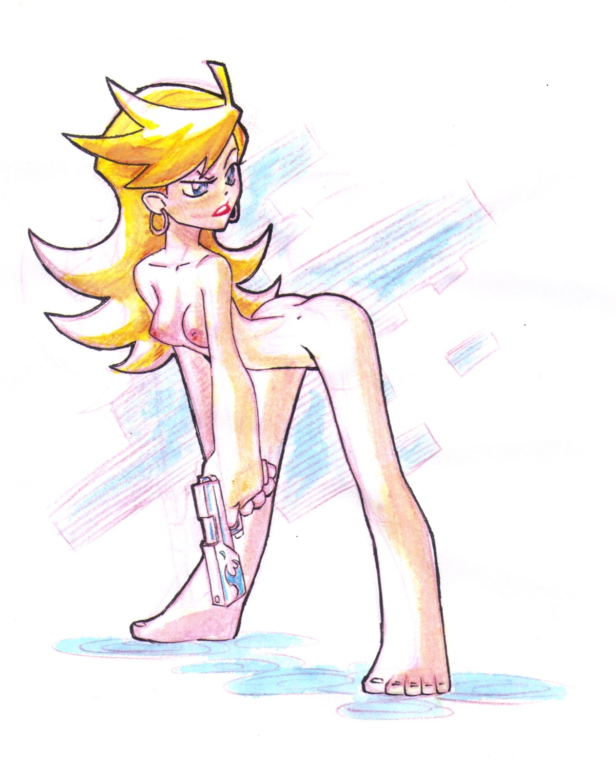 angel barefoot blonde_hair blue_eyes casual completely_nude female firearm handgun humanoid nude pale_skin panty_&amp;_stocking_with_garterbelt panty_anarchy rule34 tagme weapon