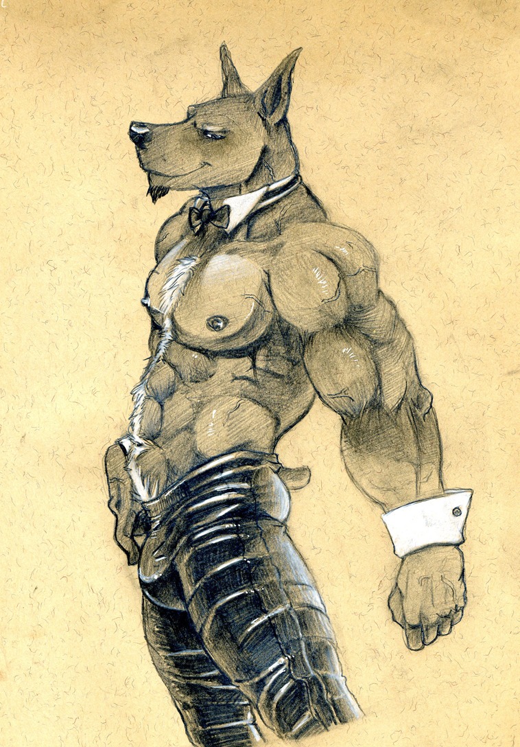 abs animal_genitalia anthro athletic beard biceps biped bottomwear bow_(feature) bow_tie bulge canid canine canis chest_tuft chippendales clothed clothing collar cuff_links docked_tail domestic_dog e621 facial_hair fully_sheathed fur genitals grin hair leather looking_at_viewer male mammal monochrome muscular muscular_anthro nipples pants pecs penis pose sepia sheath shirt_cuffs short_tail simple_background smile smirk solo standing stripper tail topless tuft tush_(artist) vein