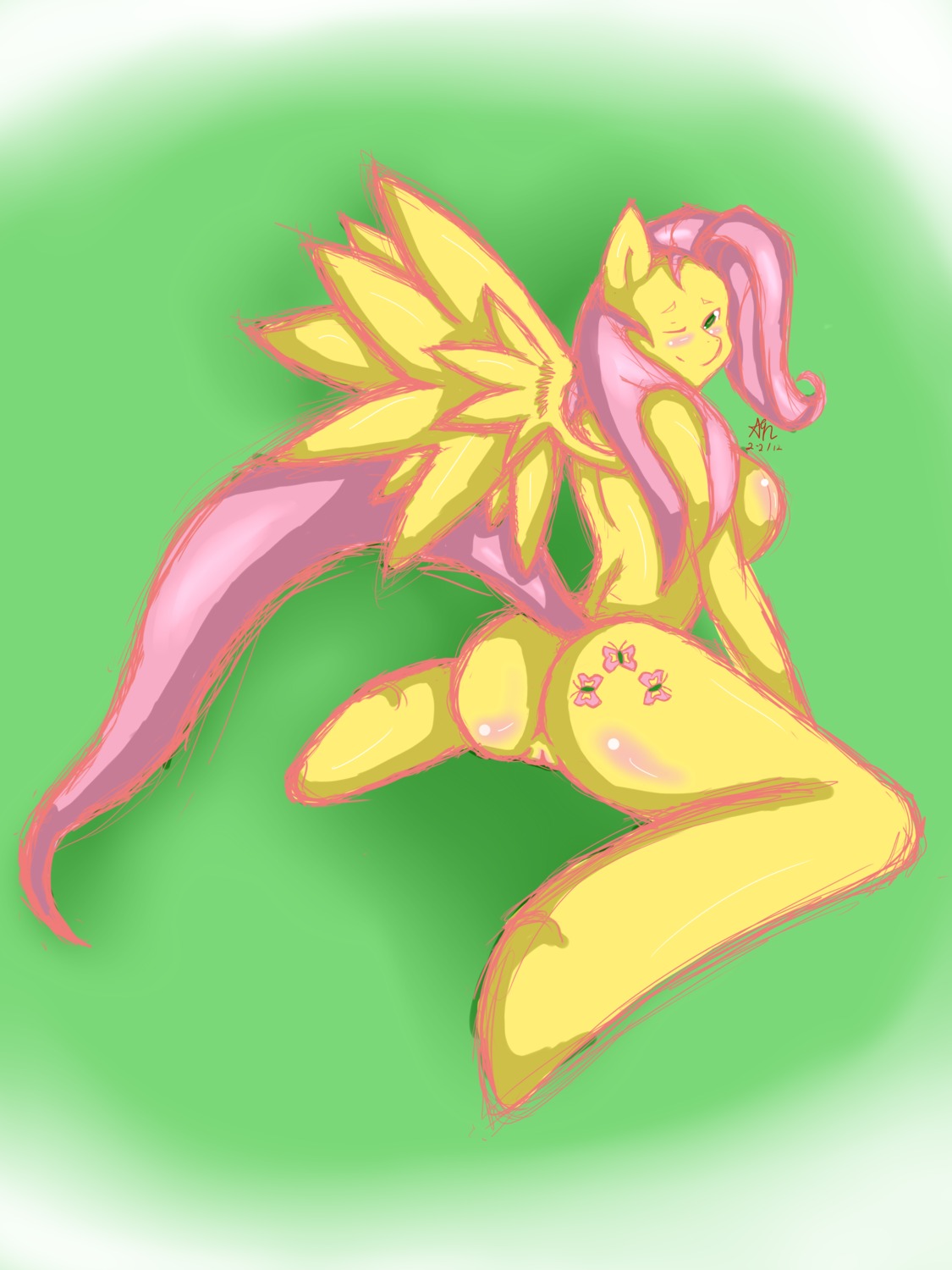 3:4 absurd_res anthro anthrofied avante92 breasts e621 equid equine feathered_wings feathers female fluttershy_(mlp) friendship_is_magic genitals hasbro hi_res mammal my_little_pony mythological_creature mythological_equine mythology pegasus solo tail vulva wings yellow_body yellow_feathers