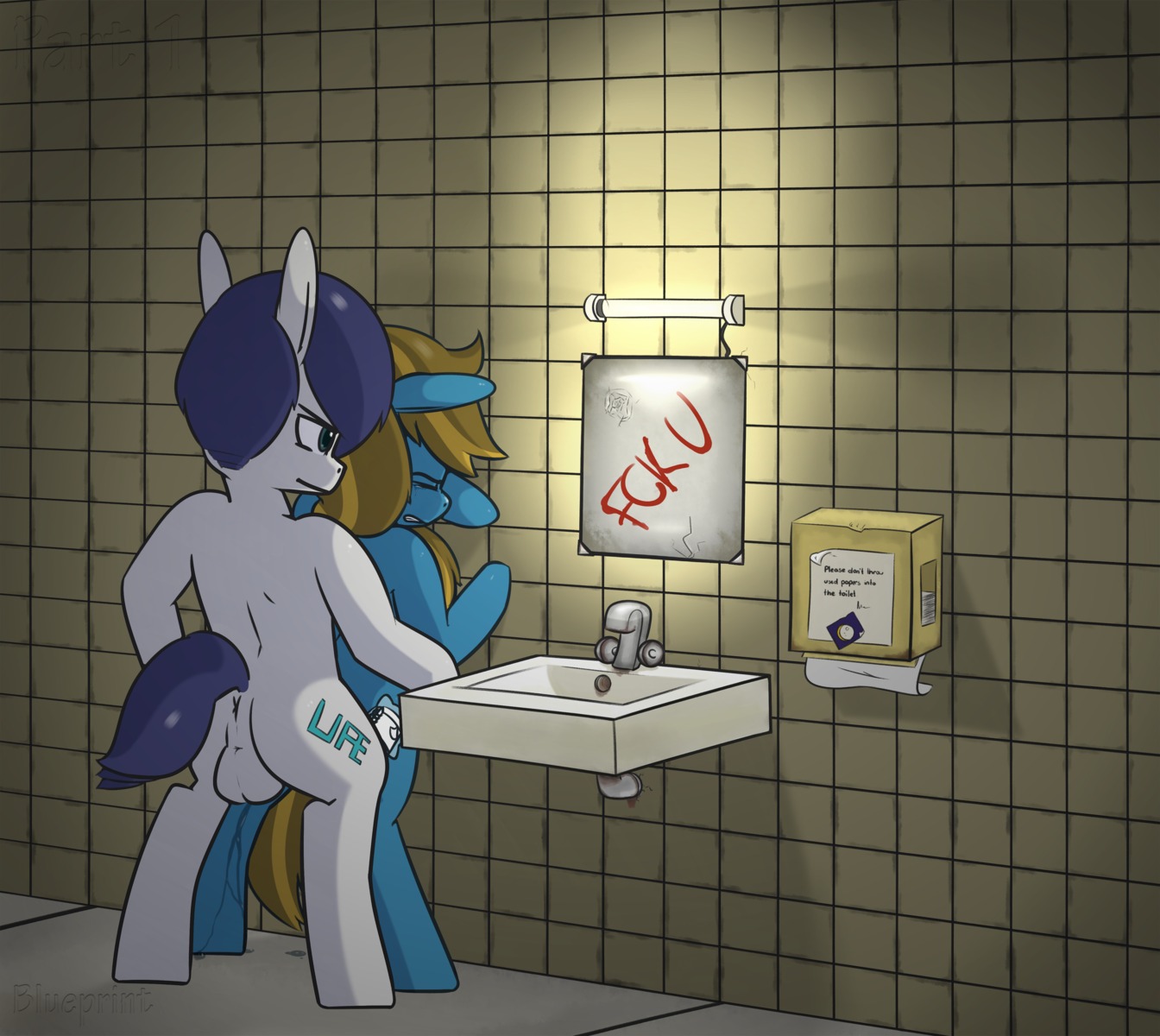 absurd_res anthro anus balls bathroom big_ears blonde_hair blue_body blue_eyes blue_fur blue_hair blueprint_(artist) blueprint_(character) bodily_fluids crying cutie_mark digital_media_(artwork) duo e621 english_text equid equine eyes_closed female female_raped forced fur genitals hair hasbro hi_res horse inside male male/female male_rape male_raping_female mammal mirror my_little_pony pony public rape sex shaded sink standing tears text white_body white_fur
