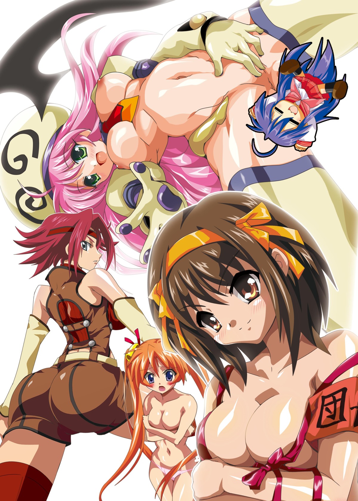 blush breasts clothing code_geass covering_breasts crossover female female_only human kagurazaka_asuna kallen_stadtfeld konata_izumi lala_satalin_deviluke large_breasts lucky_star mahou_sensei_negima! medium_breasts multiple_crossover multiple_females multiple_girls oyu_no_kaori panties rule34 shorts stockings suzumiya_haruhi suzumiya_haruhi_no_yuuutsu to_love-ru