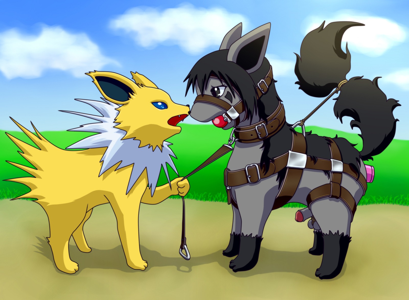 balls blush color day eeveelution feral fur insertion interspecies jolteon leash male mightyena nintendo nude outdoors penis pokemon pokemon_(species) rule34 side_view tagme testicles