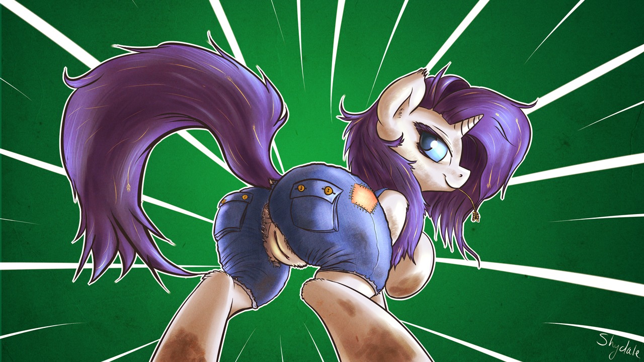 16:9 2014 anus blue_eyes butt clothed clothing e621 equid equine female feral friendship_is_magic fur genitals hair hasbro horn looking_back mammal my_little_pony mythological_creature mythological_equine mythology overalls overalls_only purple_hair rarity_(mlp) shirtless shydale simple_background solo unicorn vulva wardrobe_malfunction white_body white_fur widescreen