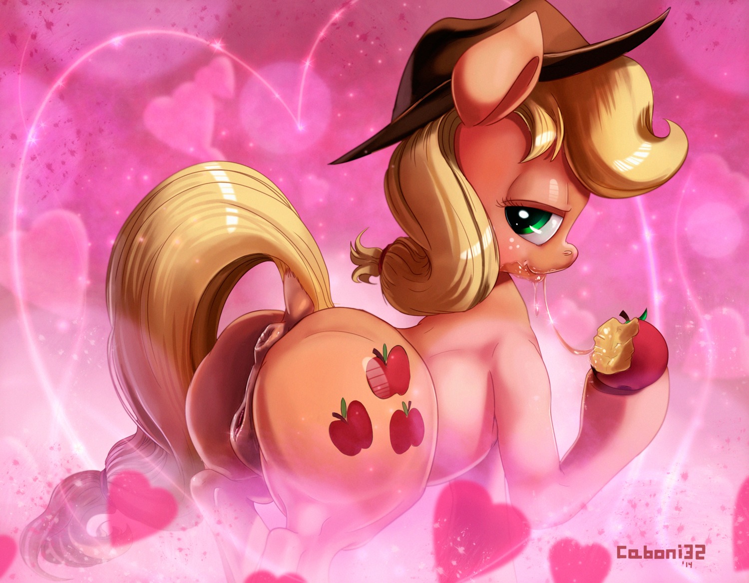 2014 anus apple applejack_(mlp) blonde_hair bodily_fluids butt caboni32 clothing cowboy_hat cutie_mark e621 earth_pony equid equine female feral food freckles friendship_is_magic fruit fur genitals green_eyes hair half-closed_eyes hasbro hat headgear headwear heart_symbol hi_res holidays horse looking_at_viewer looking_back mammal mostly_nude my_little_pony narrowed_eyes orange_body orange_fur pink_theme plant pony presenting presenting_hindquarters presenting_vulva raised_tail saliva saliva_string seductive solo standing suggestive tail tied_hair valentine's_day vulva