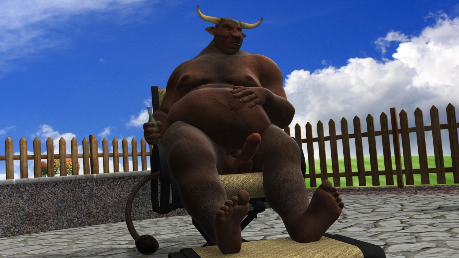 16:9 alcohol beer beverage bottle bovid bovine centrifugalbbq cloud container e621 erection european_mythology genitals greek_mythology hi_res holding_bottle holding_container holding_object humanoid_genitalia humanoid_penis male mammal minotaur mythology nude obese obese_male outside overweight overweight_male penis sky solo tail widescreen