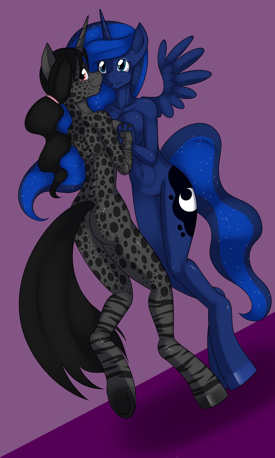 2012 3:5 anthro anthrofied black_hair blue_body blue_eyes blue_hair breast_squish breasts breasts_frottage butt cutie_mark digital_media_(artwork) duo e621 equid equine feathered_wings feathers female friendship_is_magic genitals grey_body hair hasbro hi_res hooves horn kloudmutt long_hair looking_at_viewer looking_back mammal my_little_pony mythological_creature mythological_equine mythology navel neysa_(jaiyikendra) nude pegasus pink_eyes princess_luna_(mlp) smile spots squish standing stripes tail unicorn vulva winged_unicorn wings